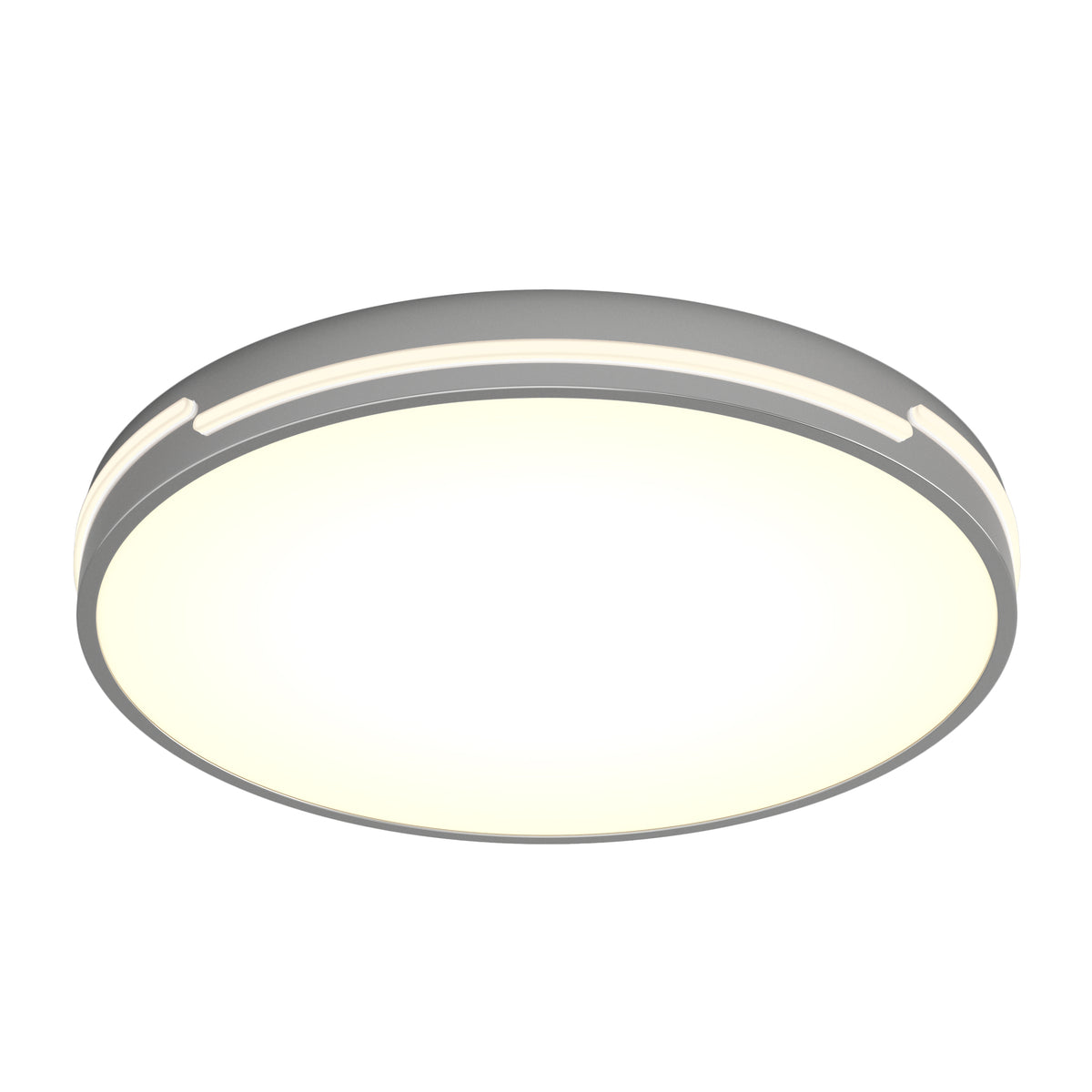 The Artika Delray 15.7 in. LED modern flush mount light features a smooth, white illuminated surface, a silver outer rim, and adjustable color temperature (5 CCT), shown against a white background.