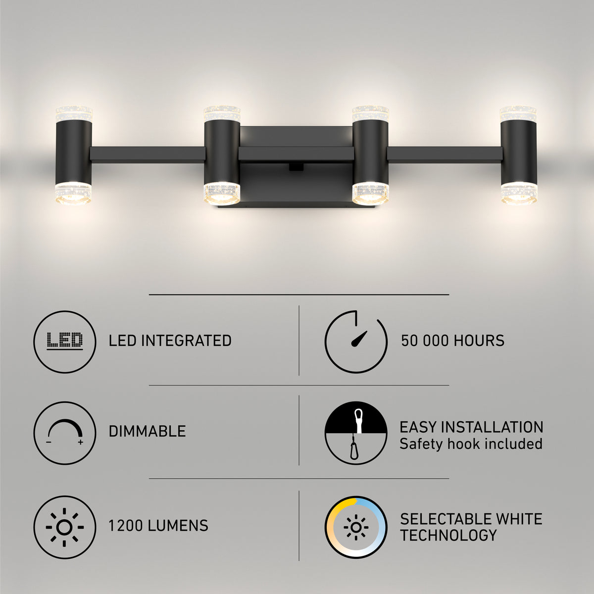 The Artika Mist modern LED bathroom vanity light 5 CCT is a sleek black fixture with six lights, featuring integrated LEDs, 50,000-hour lifespan, dimmable function, 1200 lumens brightness, easy installation, and adjustable color temperature.