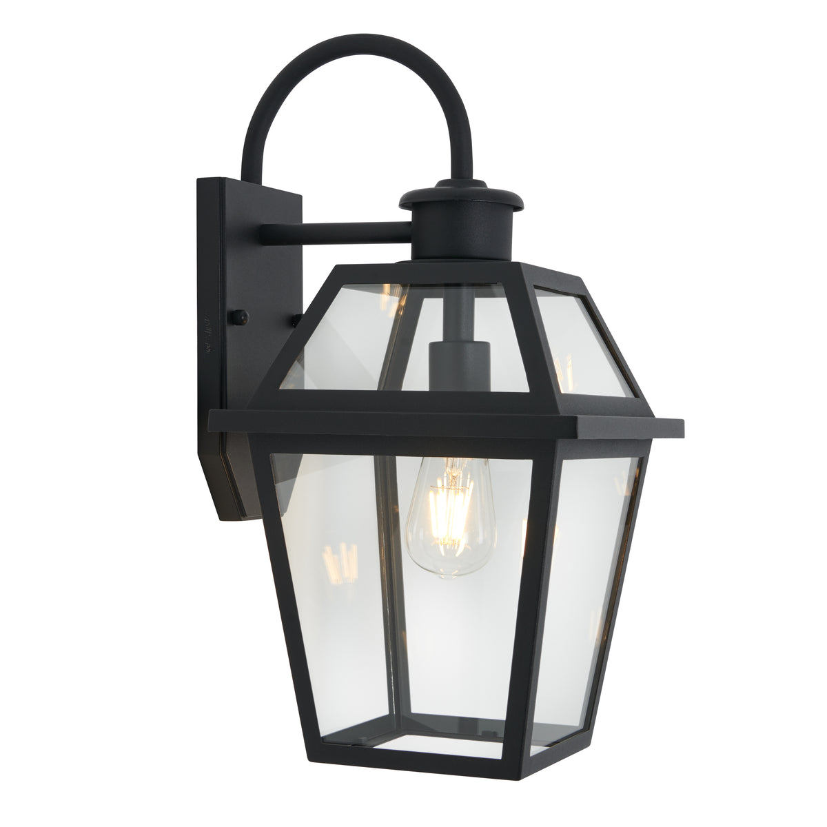 The Artika Colonial outdoor lantern wall light features a black metal finish, clear glass panels, an exposed bulb, and a rectangular backplate with a curved arm.