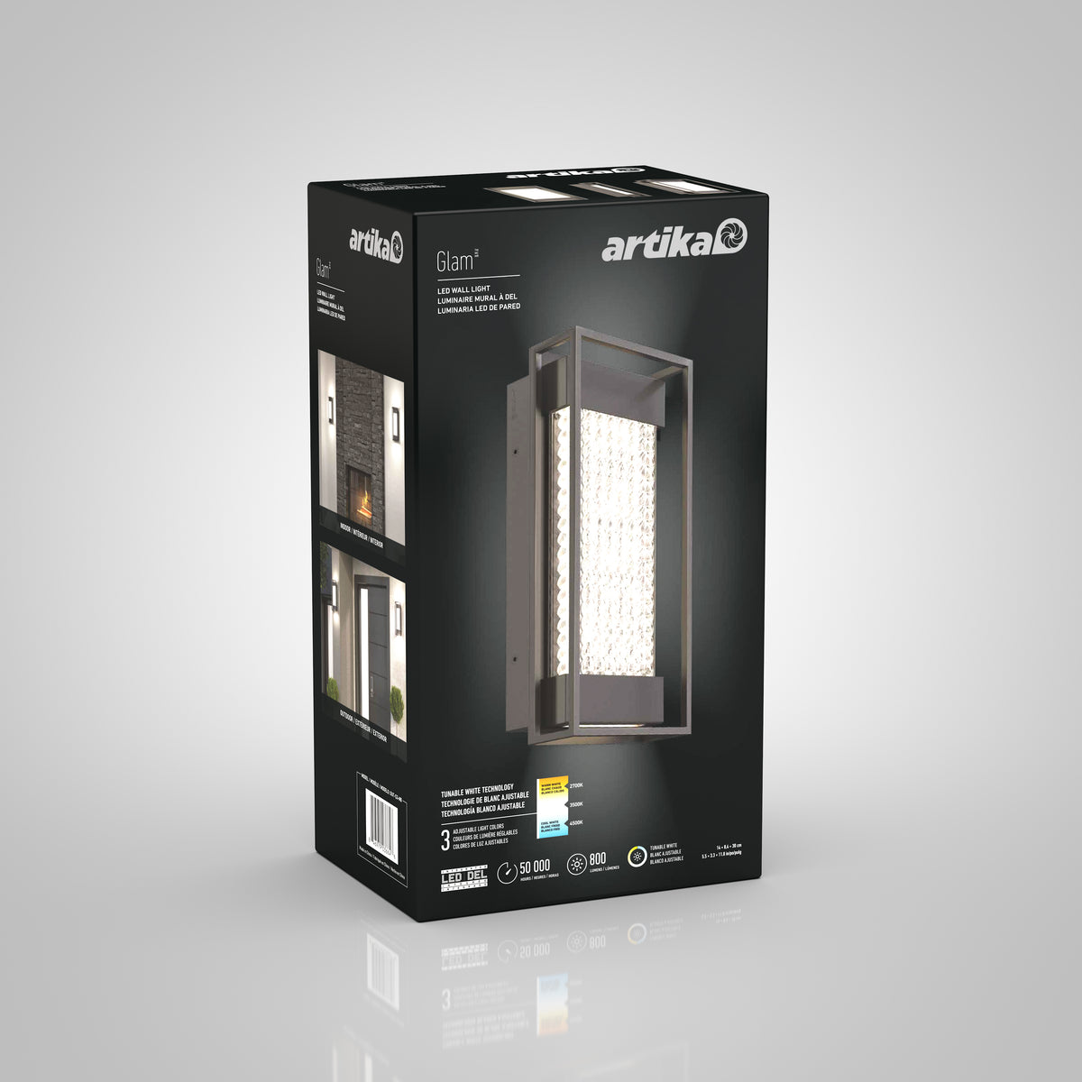 A black box for the Artika Glam indoor-outdoor LED wall light displays an image of the fixture, product information, and icons showcasing features like high brightness, energy efficiency, and long lifespan.