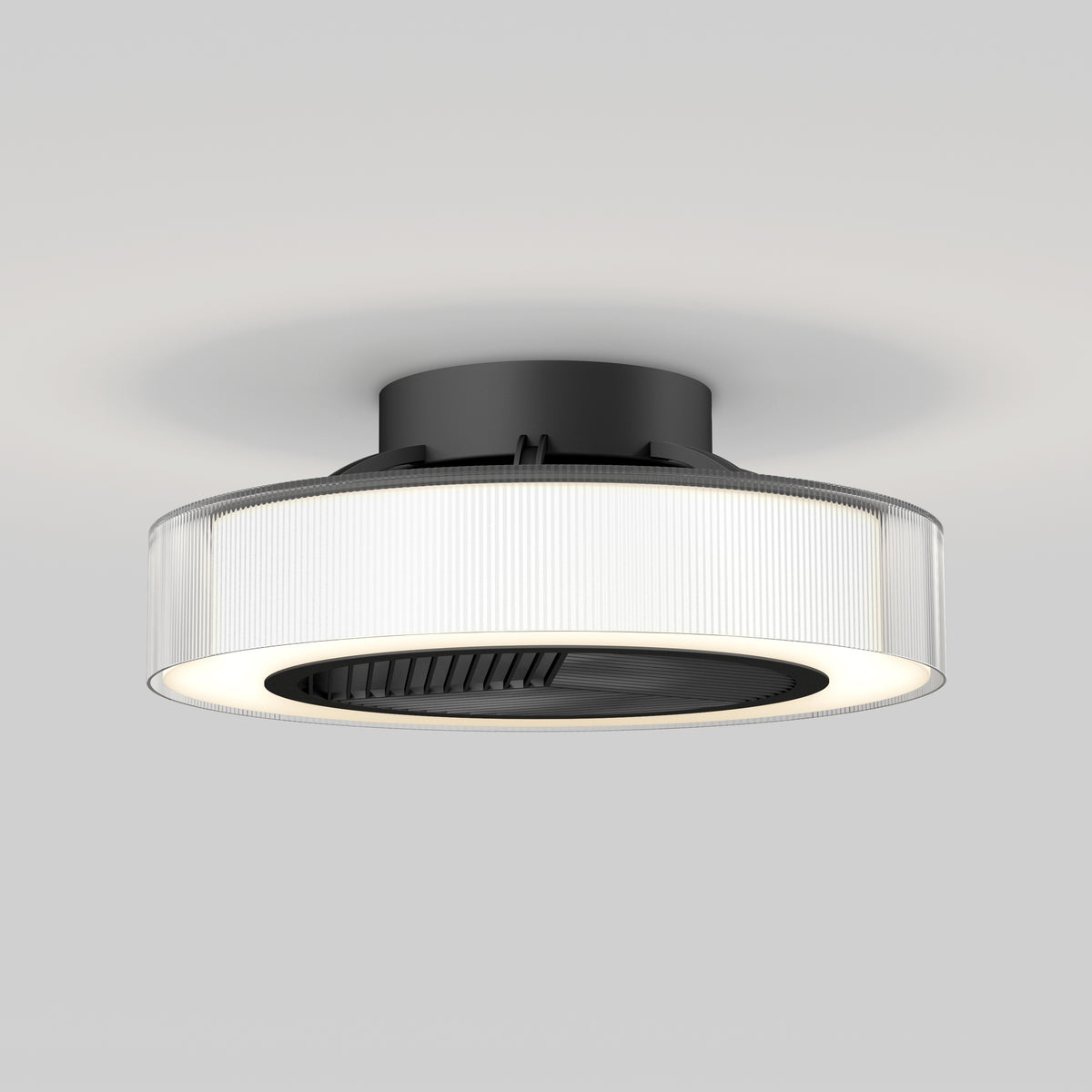 The Artika Groove 20 in. LED modern ceiling fan features a circular LED light ring, ribbed translucent sides, a central black fan, and offers 3 speeds with remote control—all set against a plain light gray background.