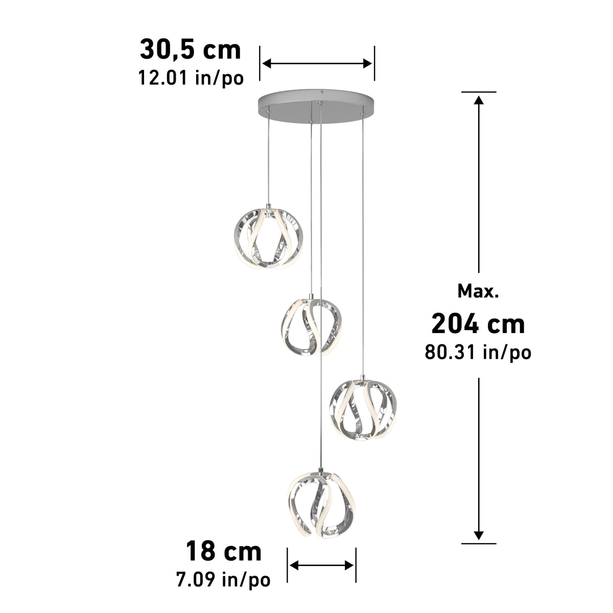 The Artika Vivaldi LED 4-light pendant features four hanging circular fixtures, measuring 30.5 cm wide, 18 cm deep, with a max hanging length of 204 cm.