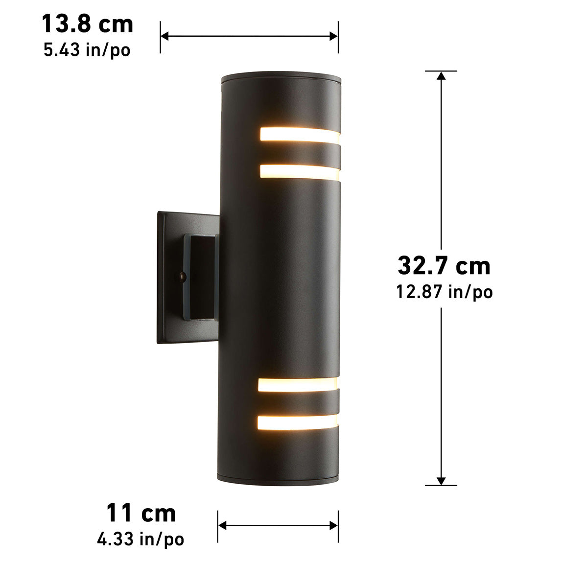 The Artika V3 indoor-outdoor wall light is a black cylindrical, wall-mounted fixture with horizontal illuminated slits. Dimensions: 13.8 cm (W) x 32.7 cm (H) x 11 cm (D); or 5.43 x 12.87 x 4.33.