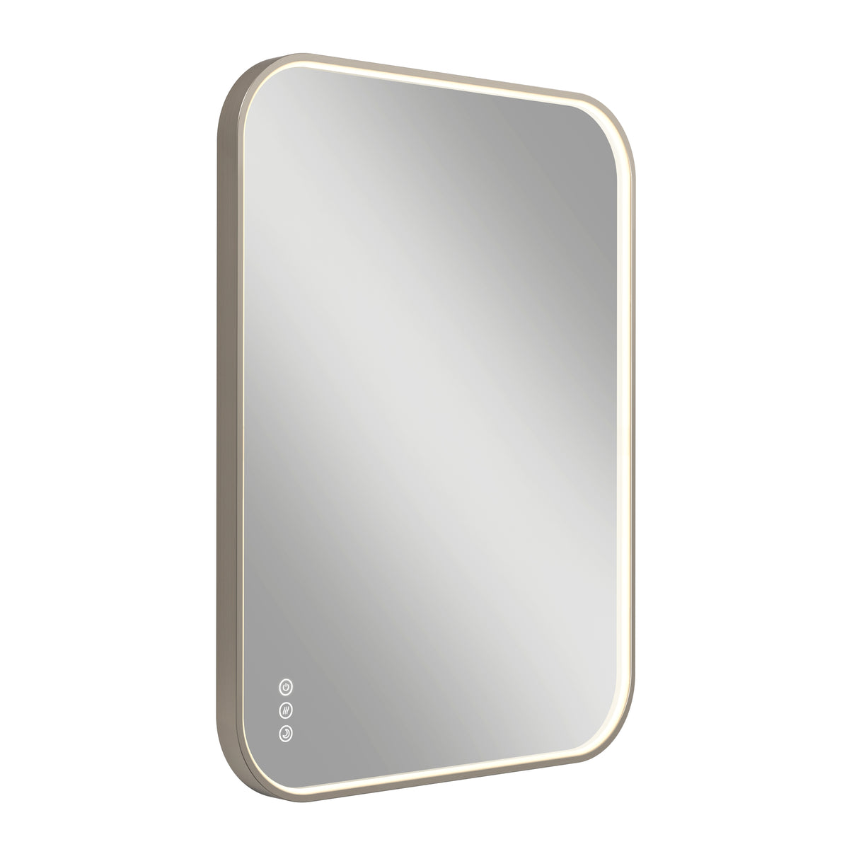 The Artika Royce Dimmable LED Mirror, 3 CCT, is shown on a white background. It features rounded edges, a soft adjustable light framing the glass, and three touch buttons including a defogger in the lower left corner. Suitable for horizontal or vertical mount.