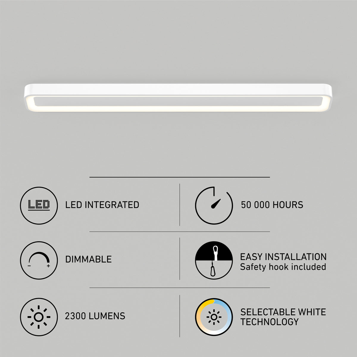 The Artika Aiden 48 in. LED modern flush mount light features a rectangular matte black design, 50,000-hour lifespan, dimmable settings, easy installation, 2300 lumens output, and selectable white technology (5 CCT).