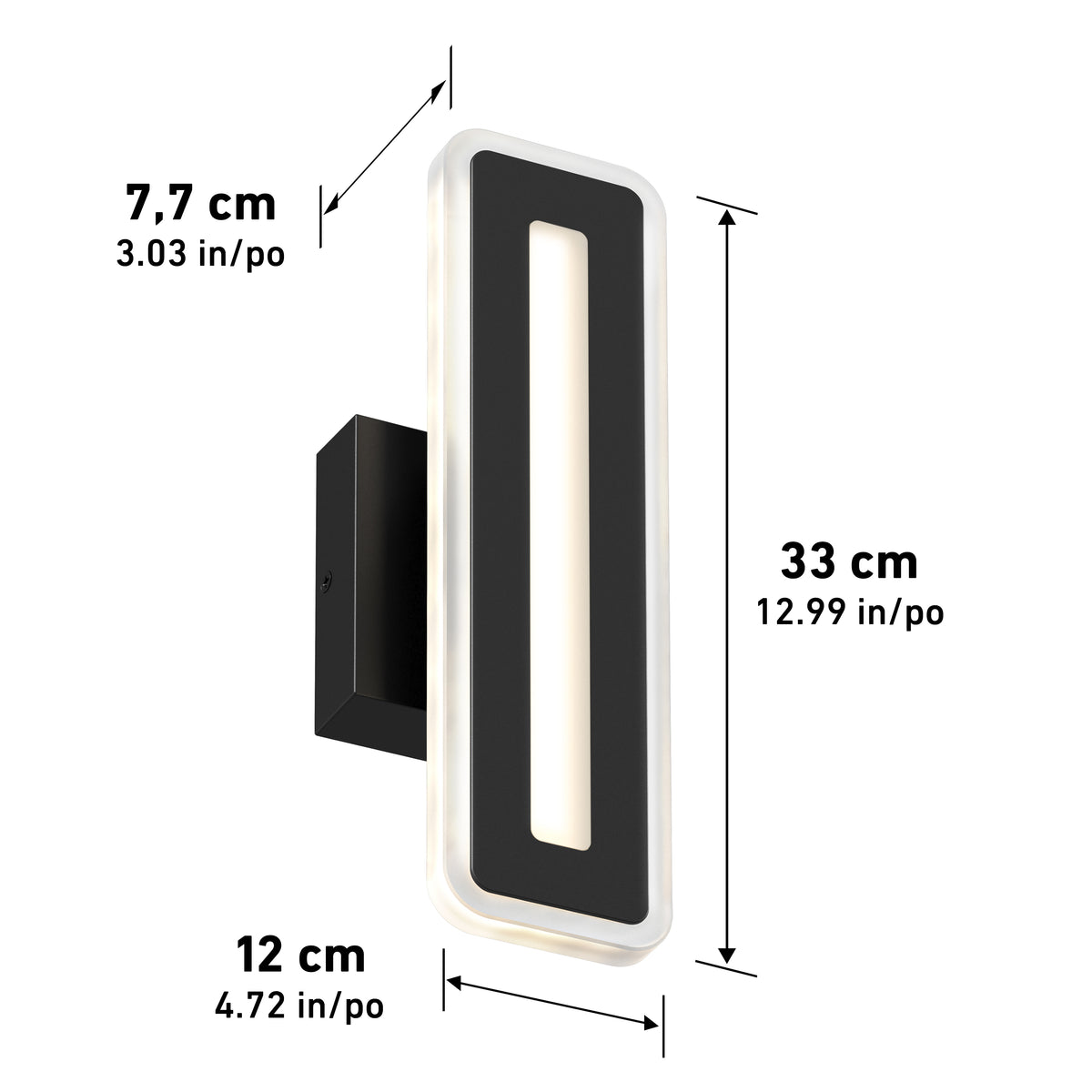 The Artika Evasion modern indoor-outdoor LED wall light 3 CCT features a rectangular black frame, vertical light strip, and frosted edges. Size: 33 cm (13 in) tall, 12 cm (4.7 in) wide, and 7.7 cm (3 in) deep. Measurements in cm/inches.