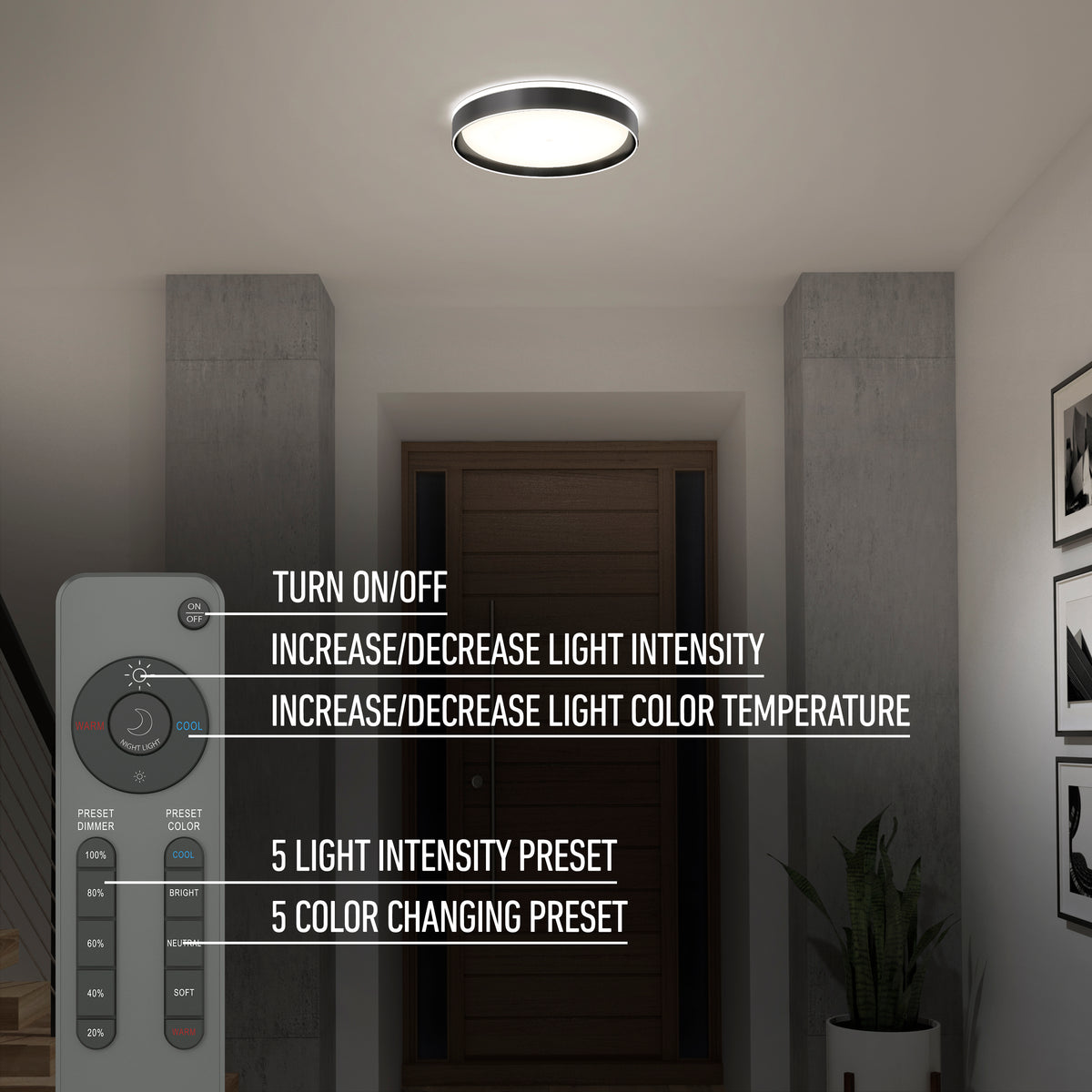 The Artika Callisto 15 in. LED flush mount light brightens a hallway with a plant and front door; a remote control displays functions including power, brightness, color temperature (5 CCT), intensity presets, and color presets.