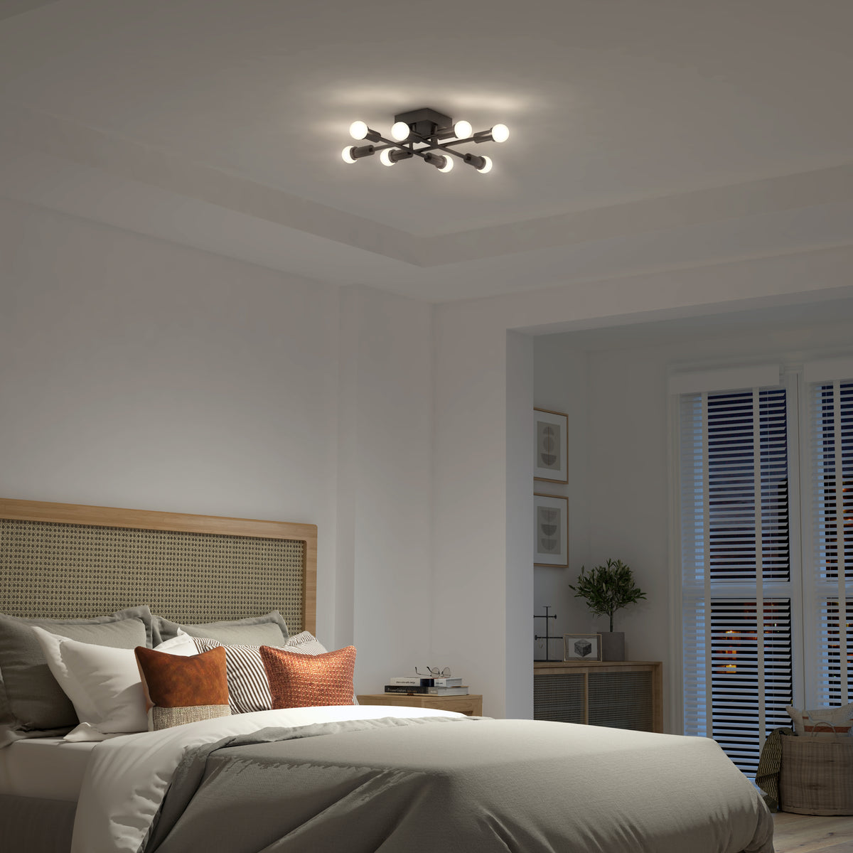Modern bedroom with a neatly made bed and Artika's Aristo LED flush mount 3 CCT ceiling light for perfect ambiance.