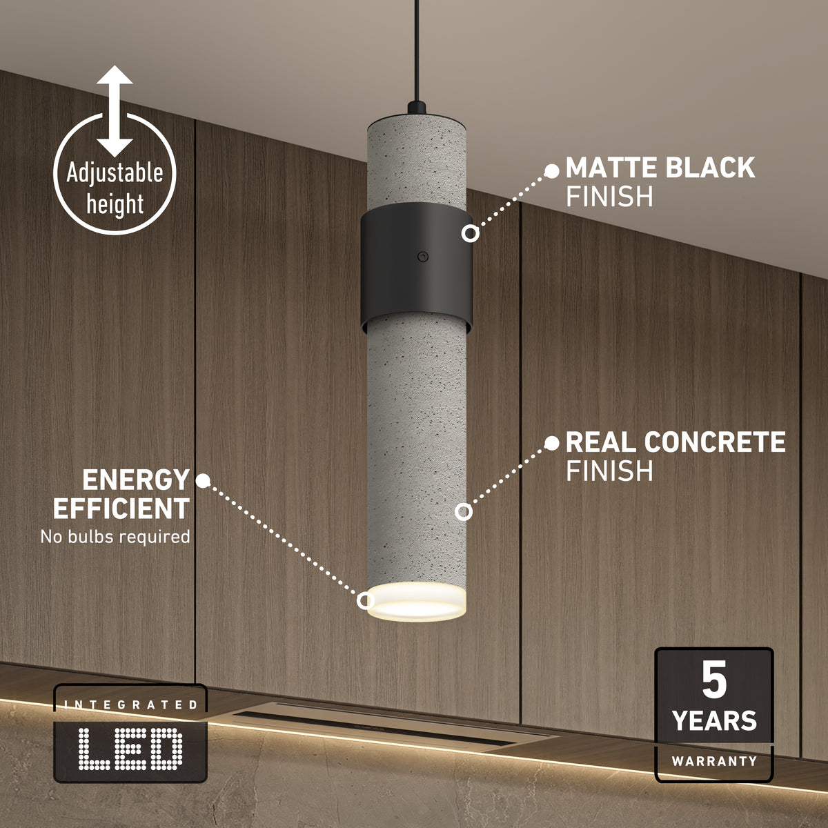 The Artika Barden 3-light LED pendant features a matte black and real concrete finish, adjustable height, energy efficiency, and comes with a 5-year warranty—a modern choice for your kitchen counter.
