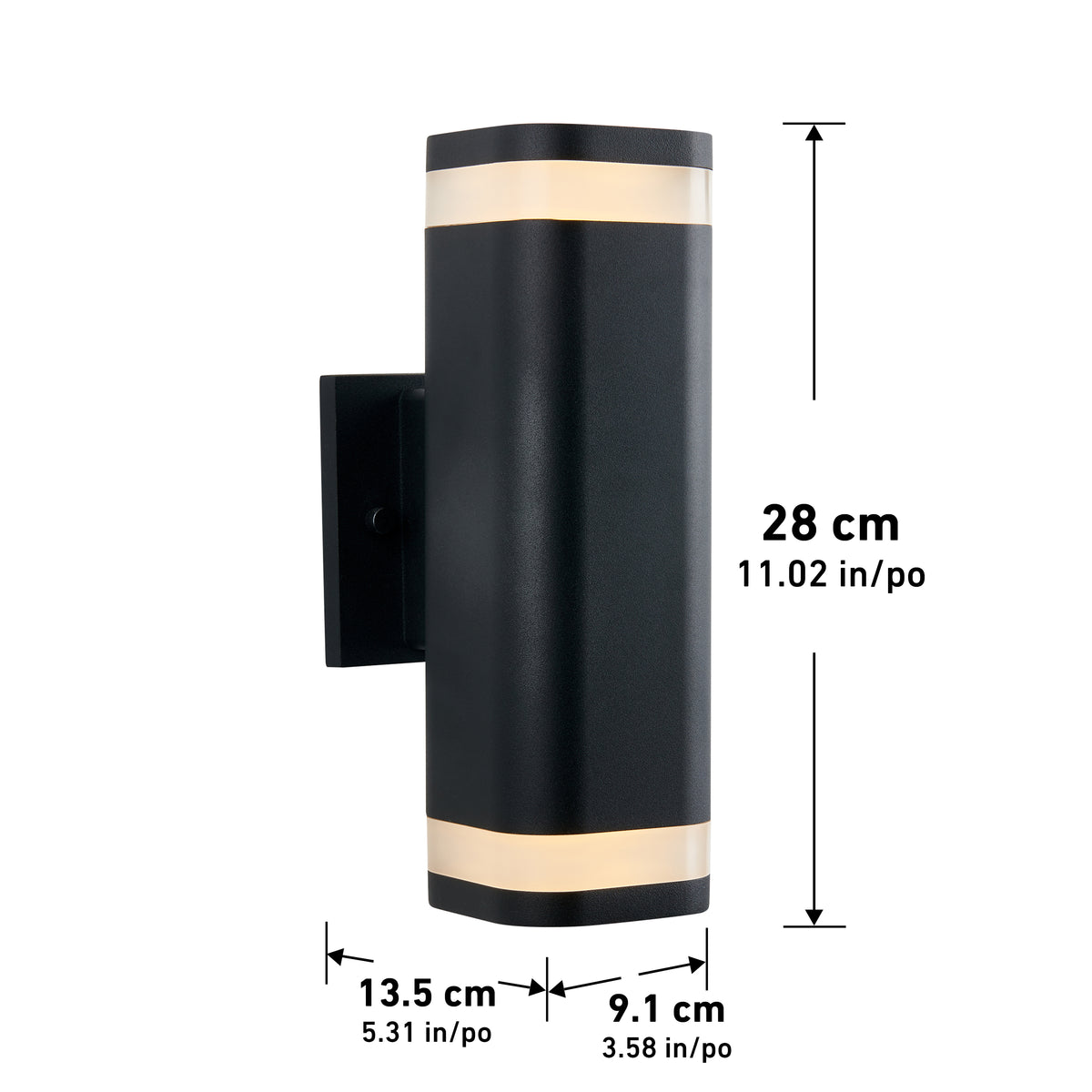 The Artika Stark modern LED indoor-outdoor light with wi-fi is a black wall sconce featuring illuminated bands at the top and bottom, measuring 28 cm tall, 13.5 cm deep, and 9.1 cm wide.