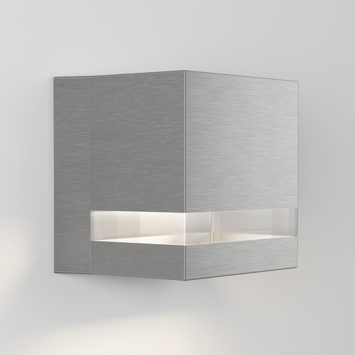 The Artika Valor Square LED indoor-outdoor wall light features a modern, square metallic design with a brushed finish and a horizontal frosted strip that emits soft white light, shown mounted on a plain light-colored wall.