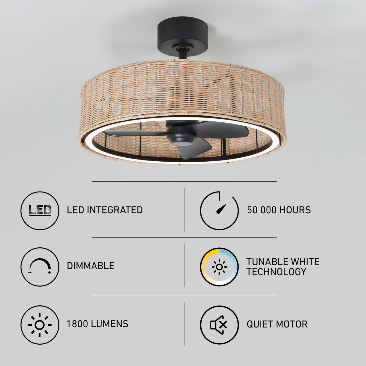 The Artika Kalani 24 in. LED modern ceiling fan features black blades, a woven rattan-style light fixture, dimmable 1800-lumen tunable white LED (50,000-hour lifespan), quiet motor, 3 speeds, and remote control.