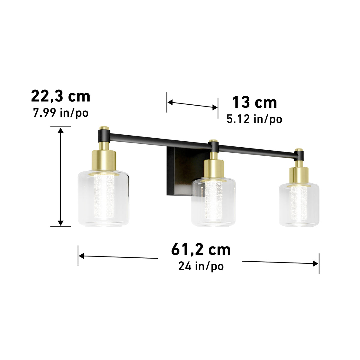 Artika Champagne Globe bathroom vanity light: three-light gold finish, clear glass shades; dimensions in cm/inches.