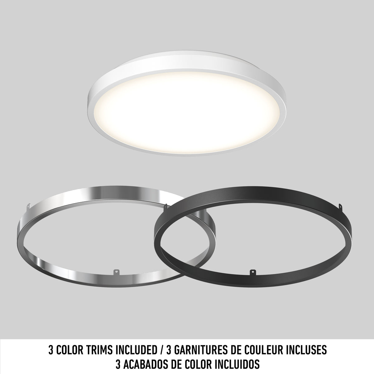 Artika Isara 12″ RGBIC LED ceiling light with white, black, and silver trims, displayed on a plain backdrop with multilingual text.