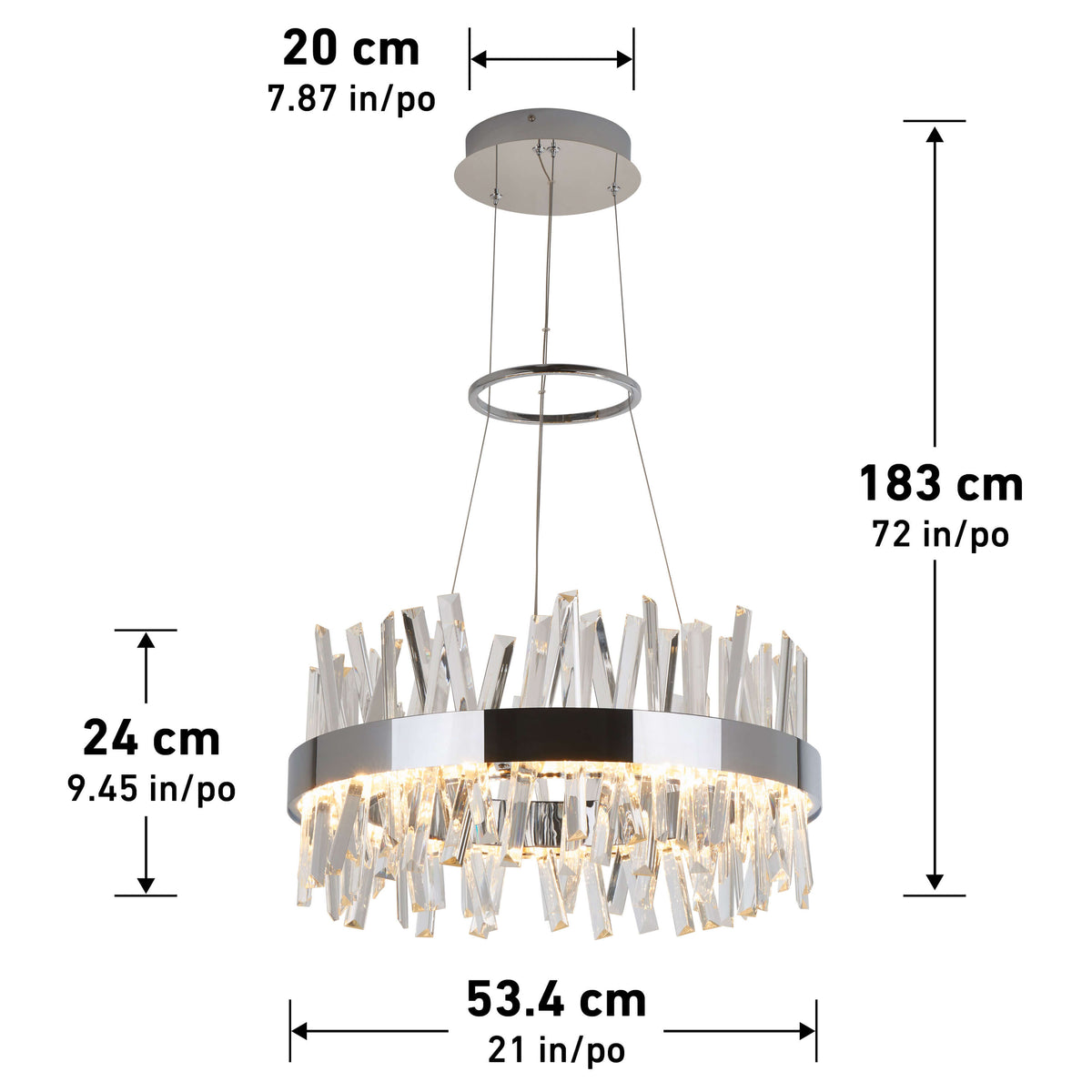 The Artika Enchanted LED pendant light features a modern circular design with clear prisms and metal accents. Dimensions: 20 cm top width, 24 cm height, 183 cm hanging length, and 53.4 cm chandelier width.