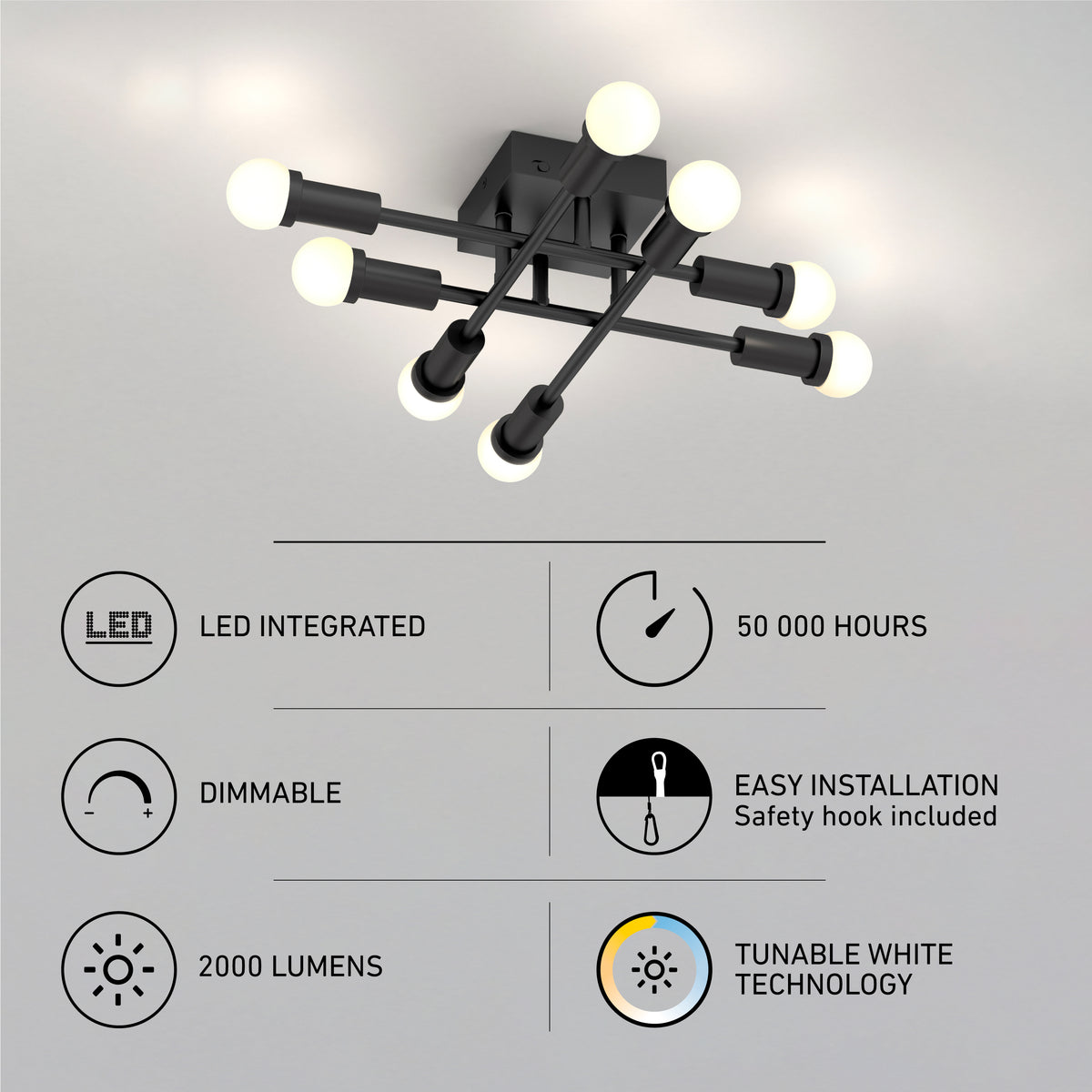 Artika Aristo LED flush mount 3 CCT, 6 bulbs, dimmable, 2000 lumens, 50,000-hour life, adjustable color temperature.