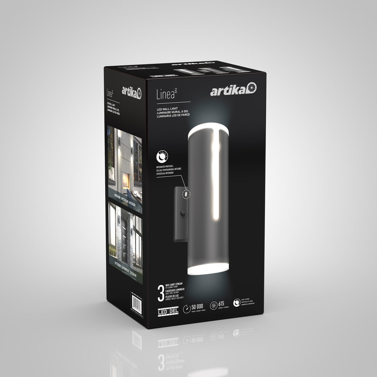 A black box features the Artika Linea modern indoor-outdoor LED wall light, showing its cylindrical design, product name, specs, and photos of the fixture installed on exterior walls.