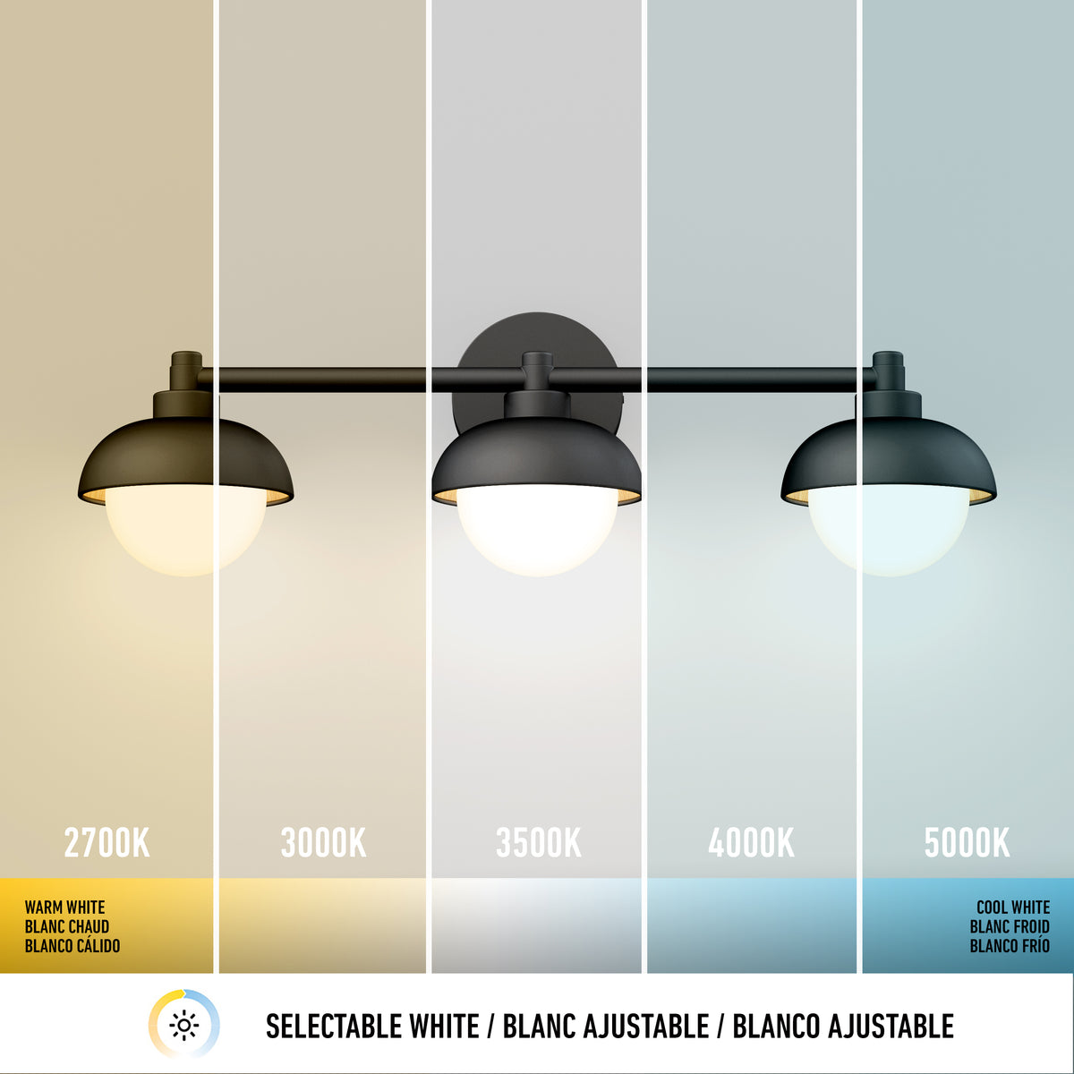 The Artika Boden 27-in Integrated LED 5-CCT Vanity Light Bar for Bathroom is shown in five white light settings (2700K to 5000K), highlighting its adjustable colour temperature—ideal for all your bathroom lighting needs.