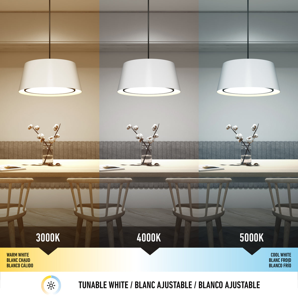A dining room features the Artika Cappa LED pendant light 3 CCT, shown illuminating the space in three color temperatures: 3000K warm white, 4000K neutral white, and 5000K cool white, each creating unique ambiance.