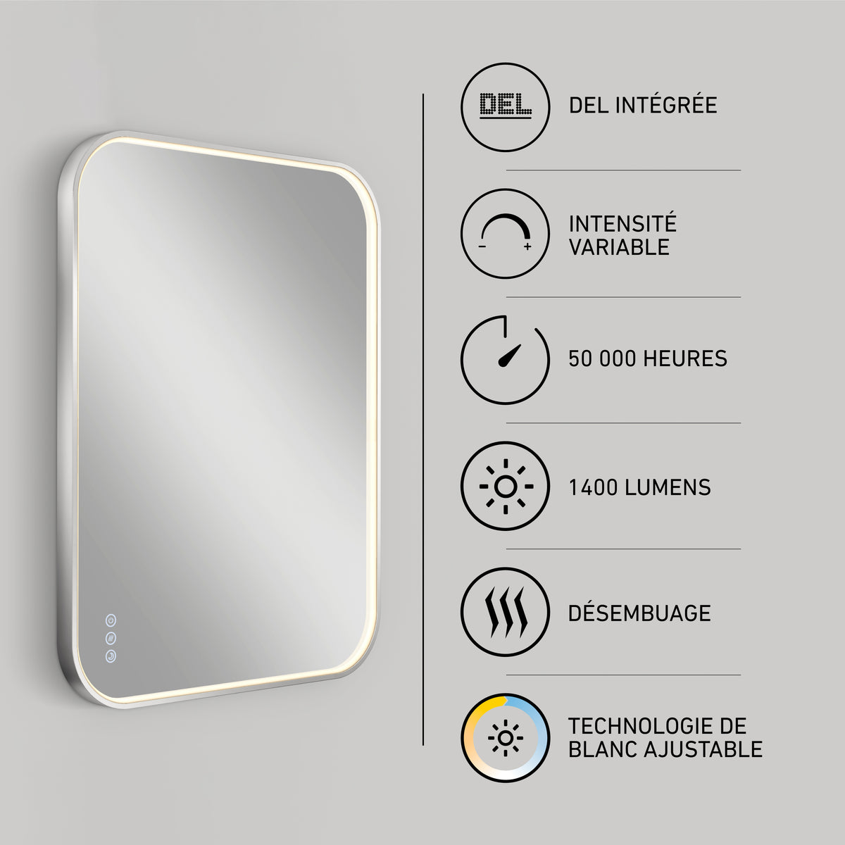 On the left: Artika Royce Dimmable LED Mirror (3 CCT, horizontal/vertical mount). On the right, icons and French text highlight features: integrated LED, dimmable, defogger, adjustable colour (3 CCT), 50,000 hrs, 1400 lumens.