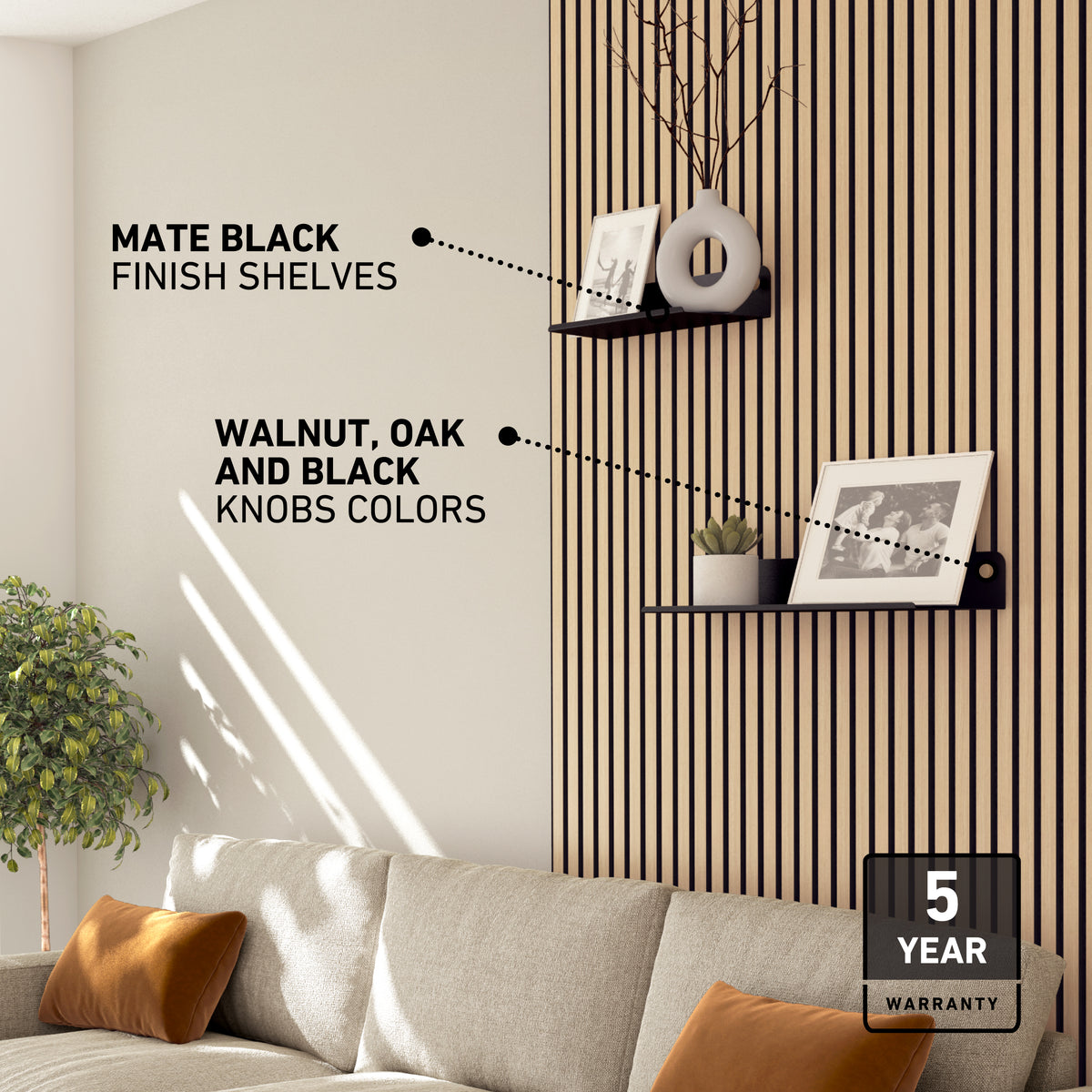 Modern living room featuring Artika's Sonokit set of shelves and hooks for Sonolok and Sonofold wall panels in a matte black finish. Offers knob color options, easy installation, and a 5-year warranty. Beige sofa, plant, and decor complete the look.