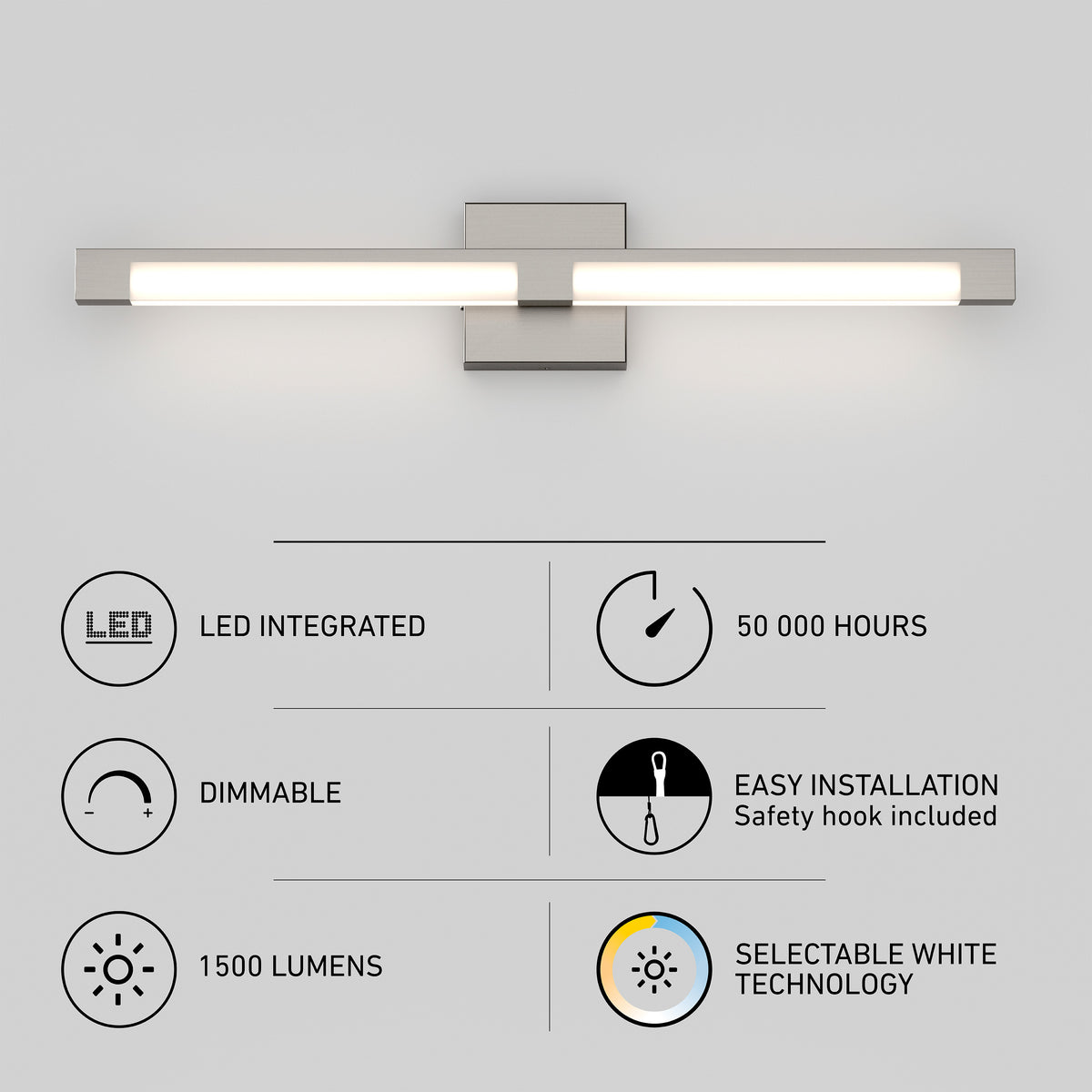 The Artika Tivoli modern LED bathroom vanity light 5 CCT features integrated dimmable LEDs (with LED dimmer), 1500 lumens, 50,000-hour lifespan, selectable white technology, and easy installation with a safety hook.