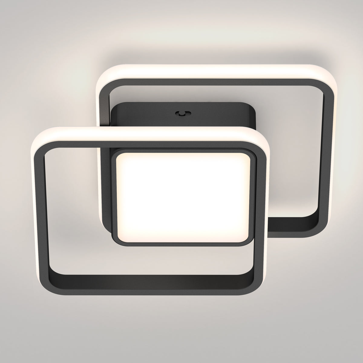 The Artika Romeson 11 in. LED modern flush mount light features two overlapping illuminated square frames, a central square light, and a sleek black finish, all set against a light gray background.