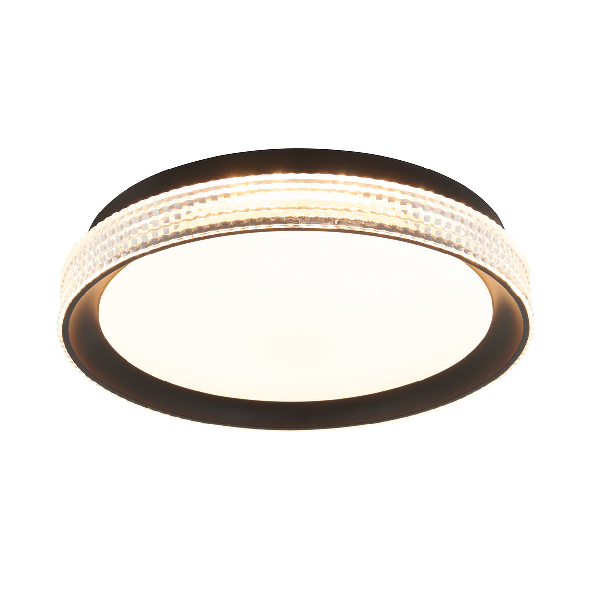 The Artika Aston 15 in. LED modern flush mount light features a black rim, a clear textured decorative band, and emits a soft, even glow. Selectable with 5 CCT settings for customized illumination.