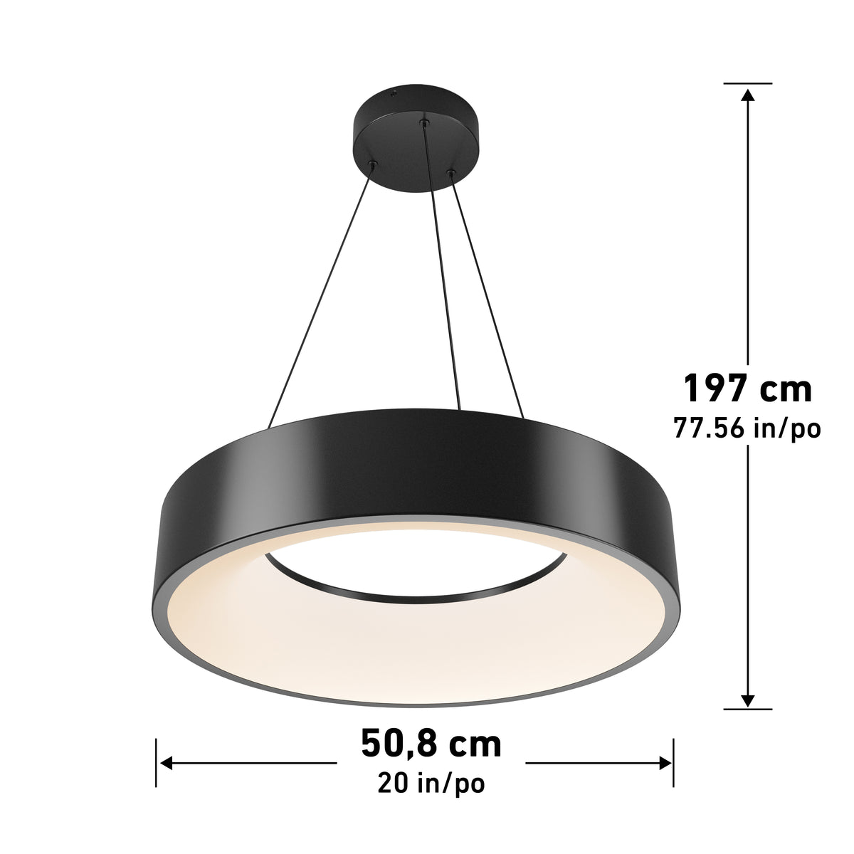 The Artika Aiden LED pendant light features a modern circular black design, suspended by three wires. It measures 197 cm (77.56 in) in height and has a 50.8 cm (20 in) diameter.