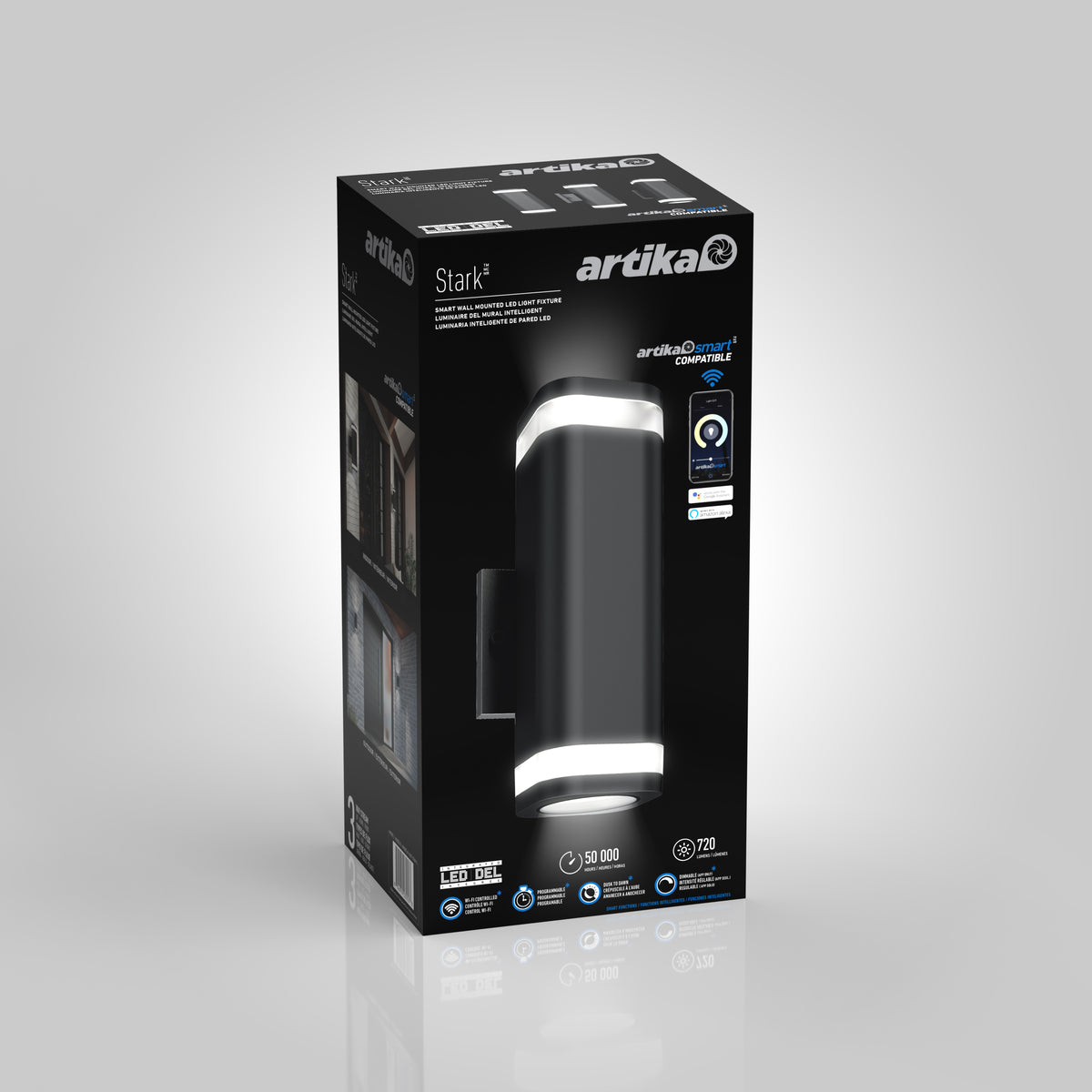 An Artika Stark modern LED indoor-outdoor light with Wi-Fi, featuring a sleek cylindrical design and illuminated ends, is shown in its packaging against a light gray background.