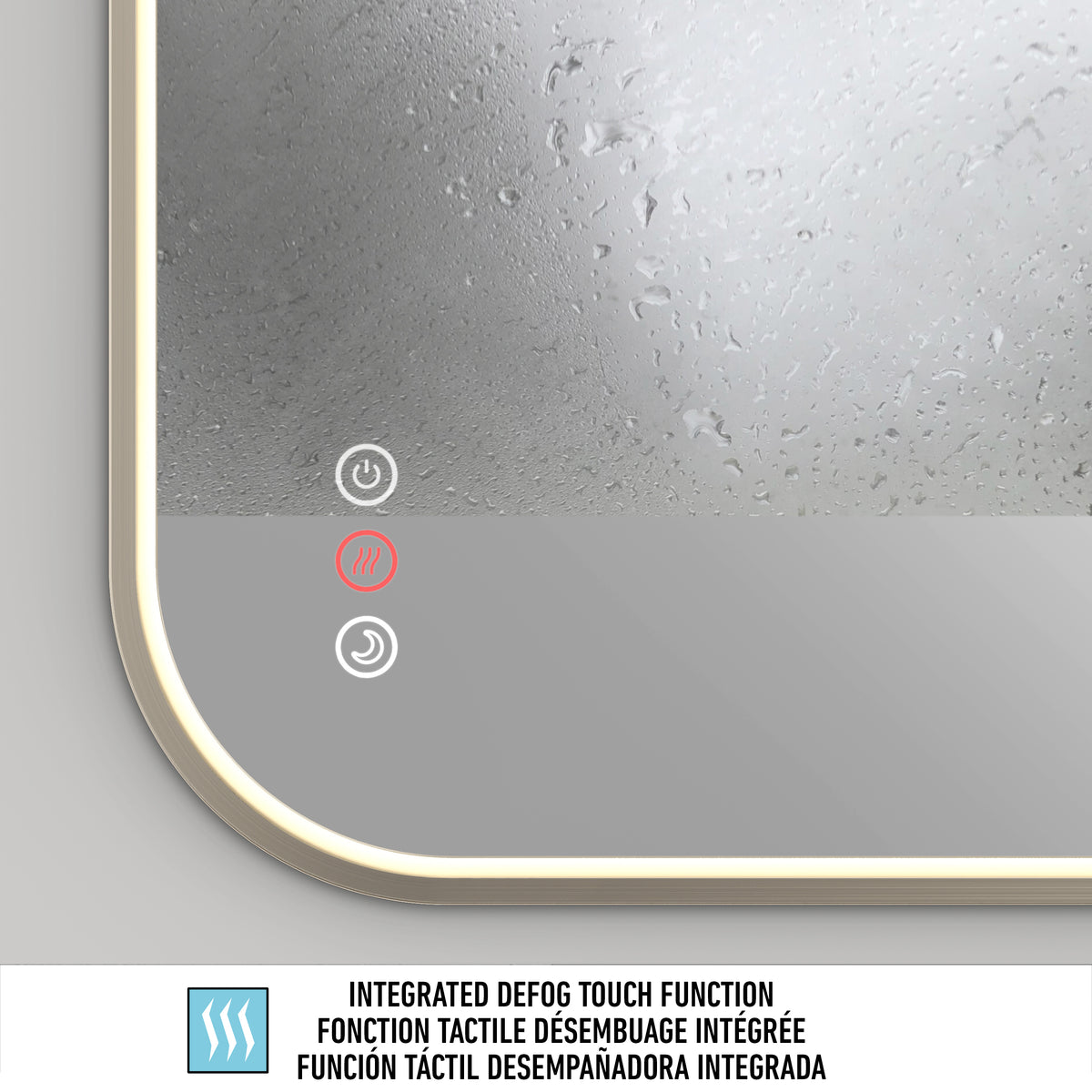Close-up of Artika Royce Dimmable LED Mirror (3 CCT), showing illuminated touch buttons with a red defogger icon and “Integrated Defog Touch Function” in English, French, and Spanish. Features adjustable brightness for tailored lighting.