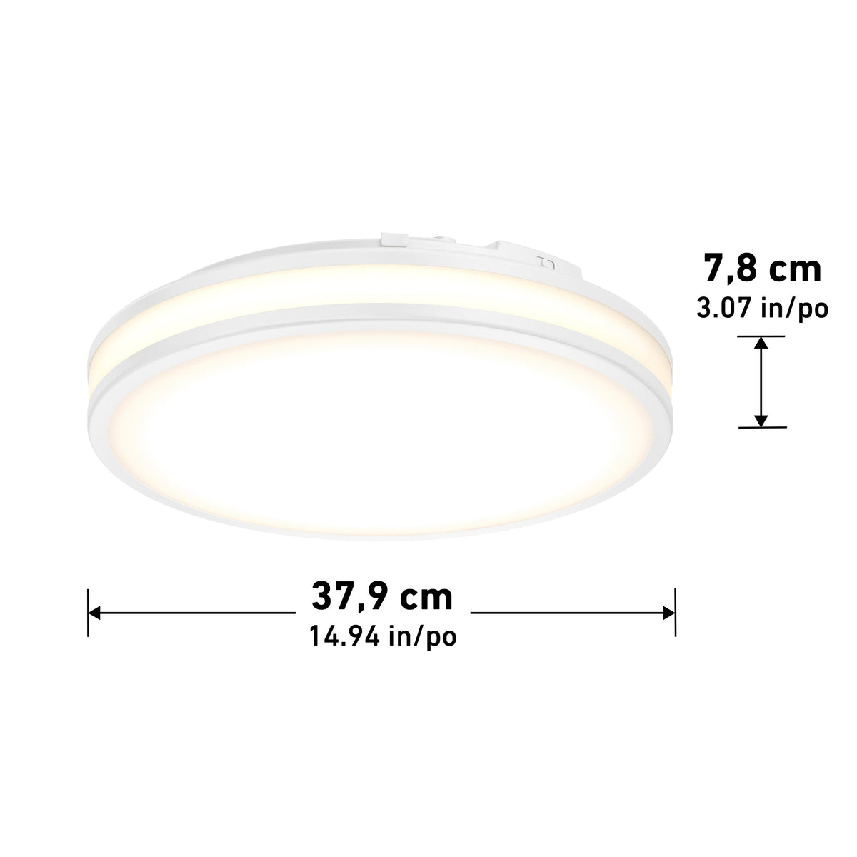 Artika Hemisphere 15 in. LED flush mount light features adjustable brightness, illuminated edges, and 5 selectable color temperatures. Measuring 37.9 cm diameter x 7.8 cm height, it's ideal for modern bathroom lighting against a white background.