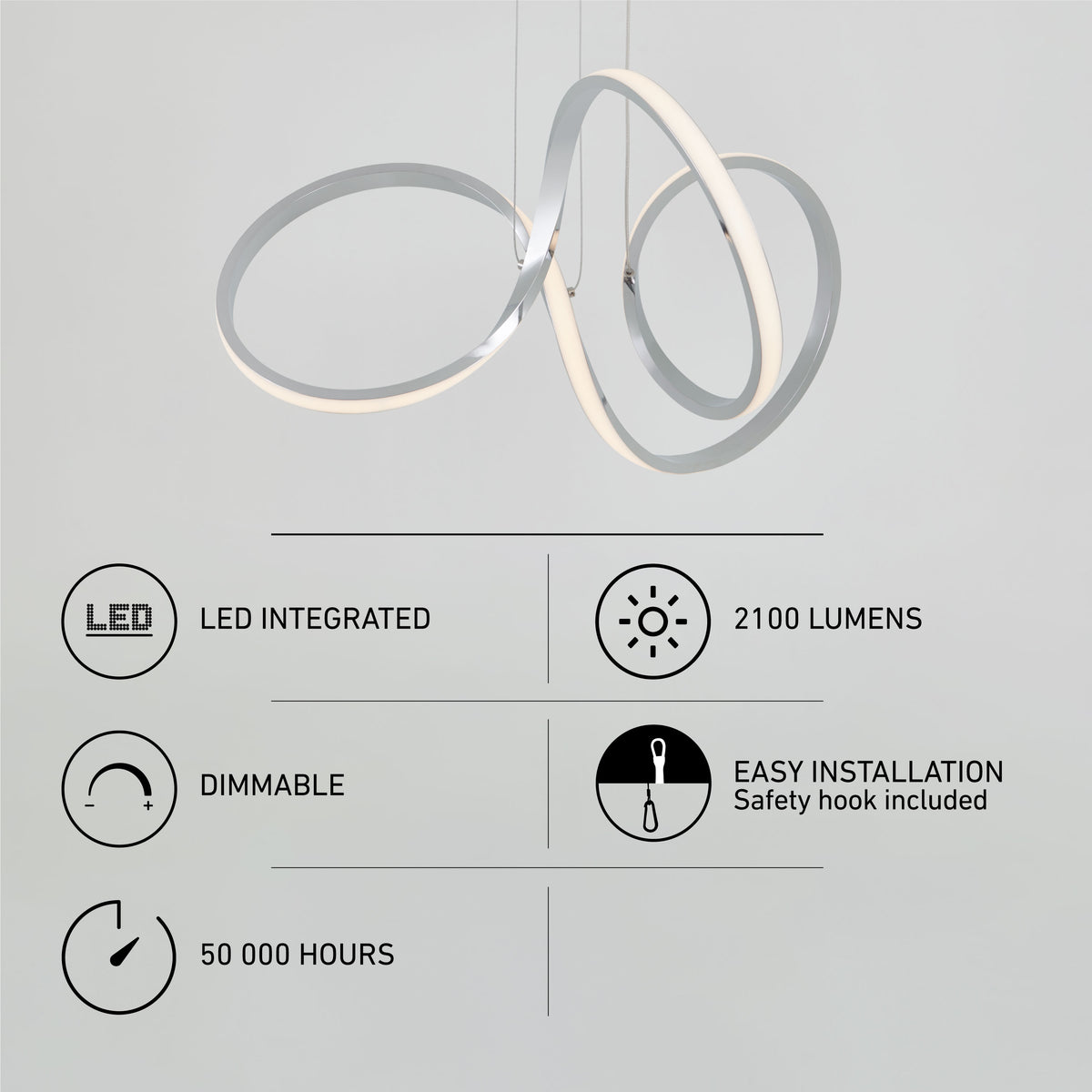 The Swirl LED pendant light by Artika features integrated LEDs, 2100 lumens, dimmable brightness, a 50,000-hour lifespan, and easy installation with a safety hook.