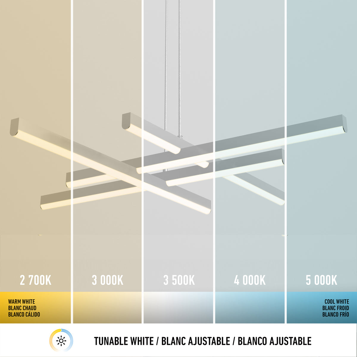Artikas Grid modern LED pendant light 5 CCT is shown under five white color temperatures, from warm (2700K) to cool (5000K), each labeled in English, French, and Spanish.