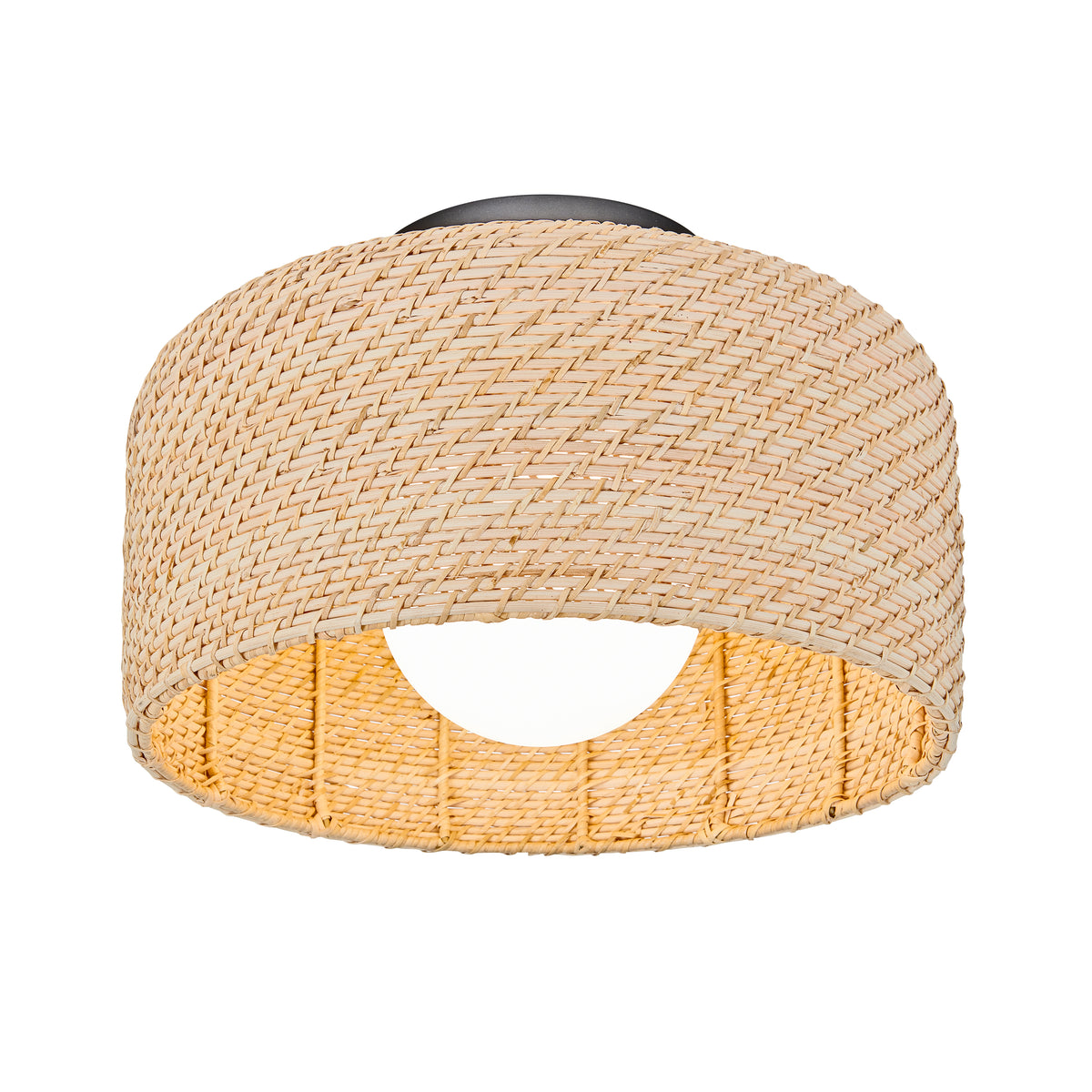 The Emiko modern LED flush mount light 5 CCT by Artika features a woven, cylindrical rattan design with an open bottom and is attached to a black circular base.