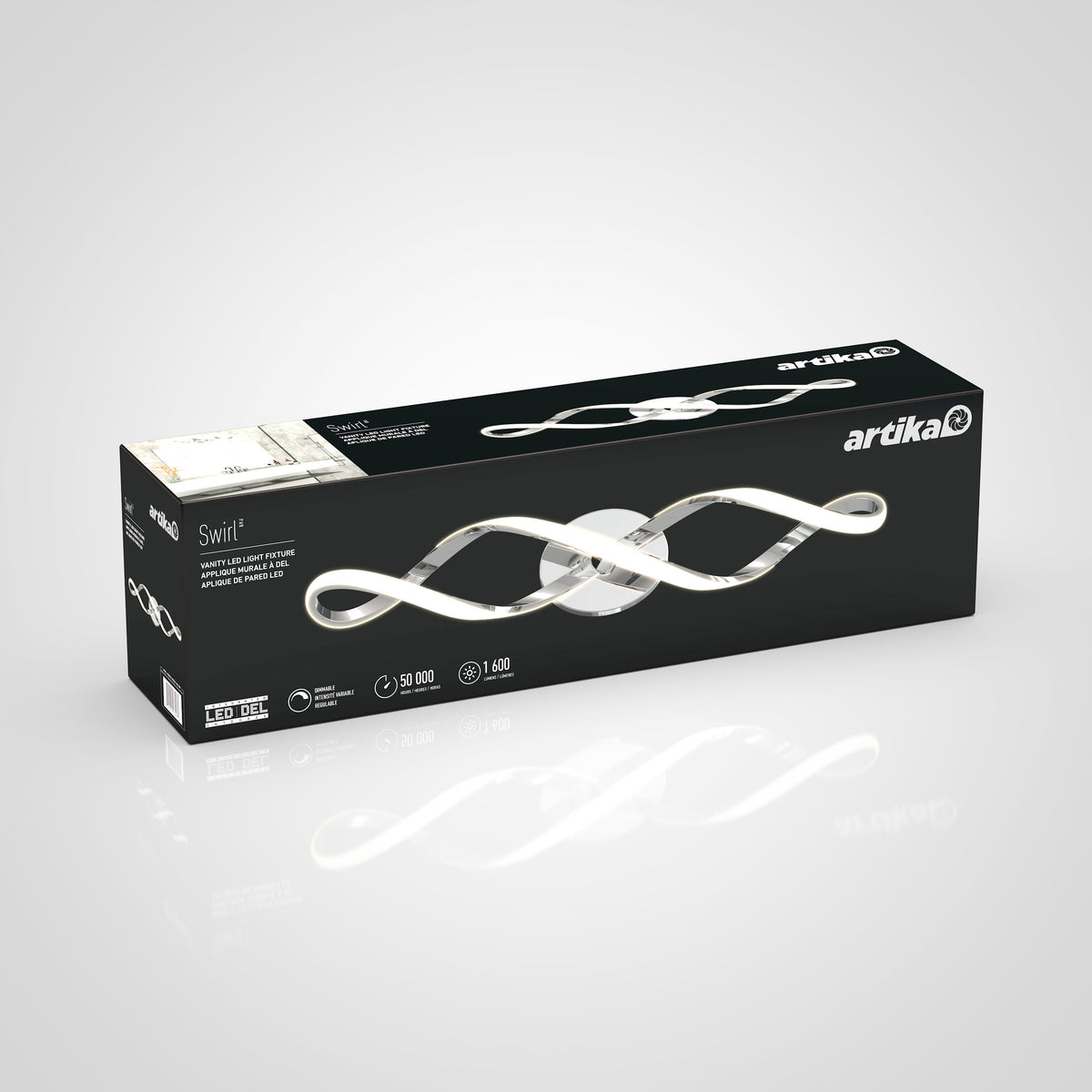 Artika Swirl modern LED bathroom vanity light features a stylish white design, integrated LEDs with a 50,000-hour lifespan, and delivers 1,600 lumens for modern illumination.