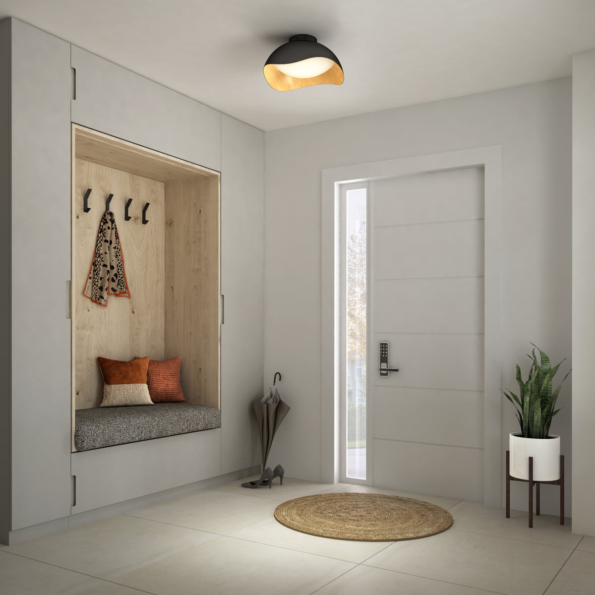 Modern entryway with bench, hooks, cushions, rug, plant, and Artika Adara 15 in. LED flush mount light brightening the white door.