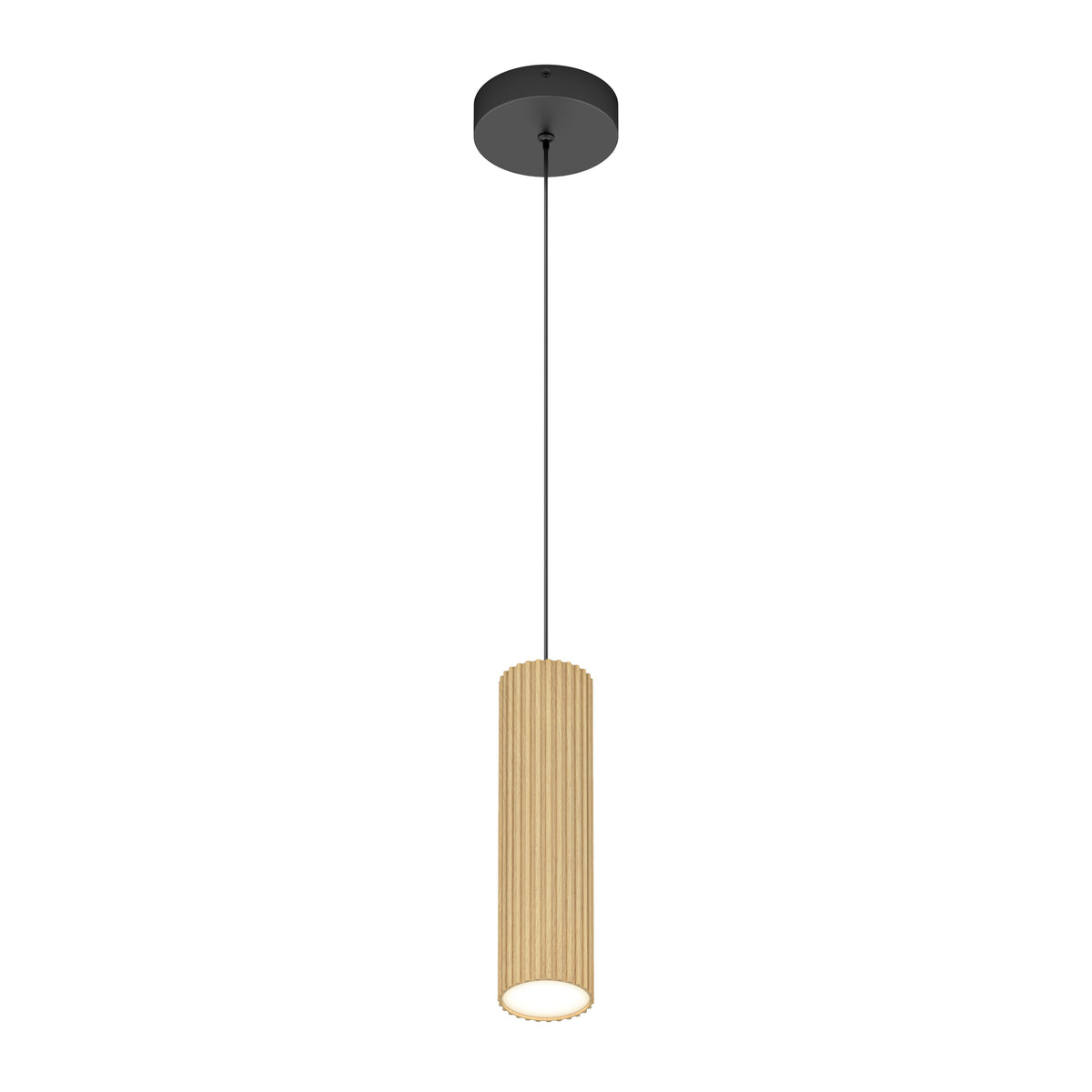 The Artika Groove LED modern pendant light 3 CCT features a minimalist design with a black ceiling mount and cord, plus a cylindrical textured wood-finish shade—ideal for kitchen island lighting.