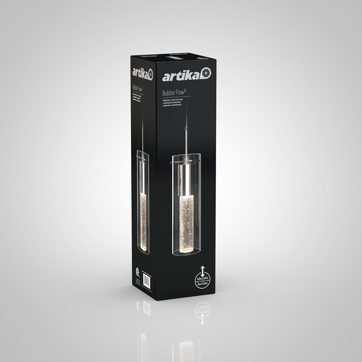 A black Artika box displays the Bubble Flow 1-light pendant 2, featuring an image of the cylindrical bubble-filled, glowing fixture. The upright package is set against a neutral background.