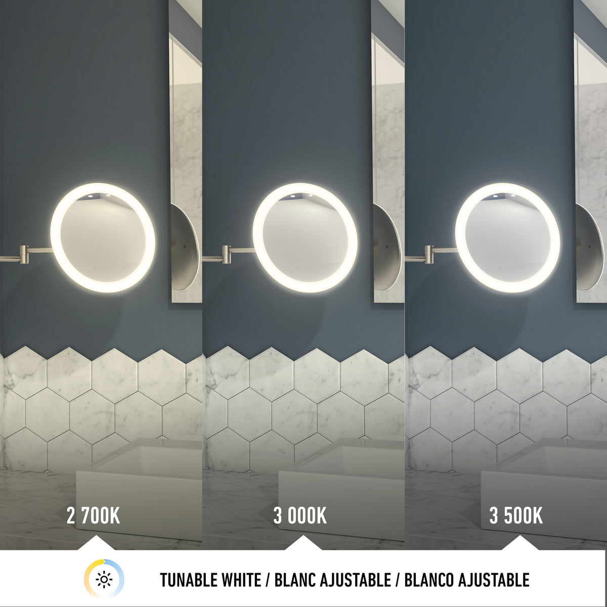 Three Artika Radia 9 in. cordless LED mirrors, each with 2700K, 3000K, or 3500K light, mounted above tiled walls.