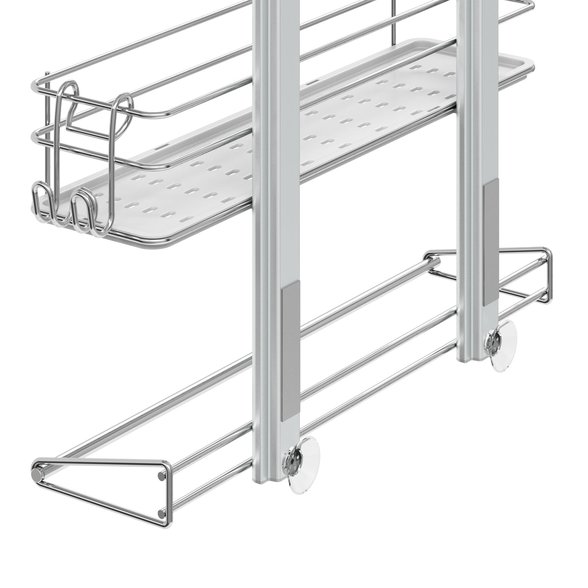 The Artika Camden Shower Caddy is a silver-finished, wire-frame storage rack with two shelves and plastic wheels at the base for easy sliding, designed to be installed inside a cabinet.