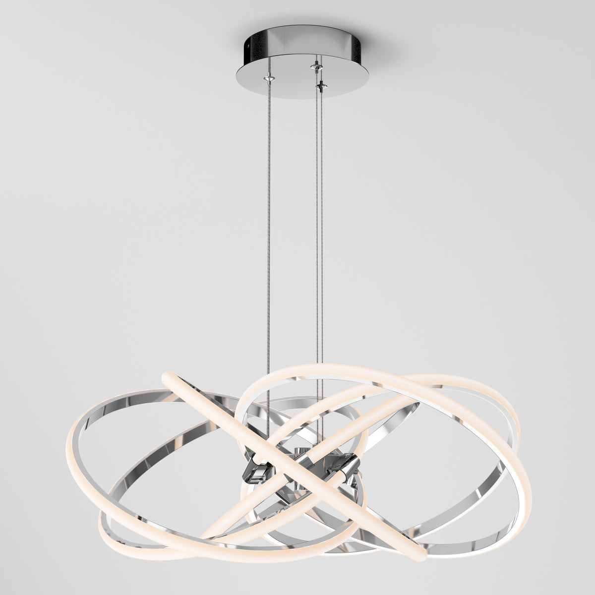The Artika Maelstrom modern LED pendant light 5 CCT features intertwined chrome and LED strips suspended from a circular chrome ceiling mount by two cables, creating a contemporary look against a plain white background.