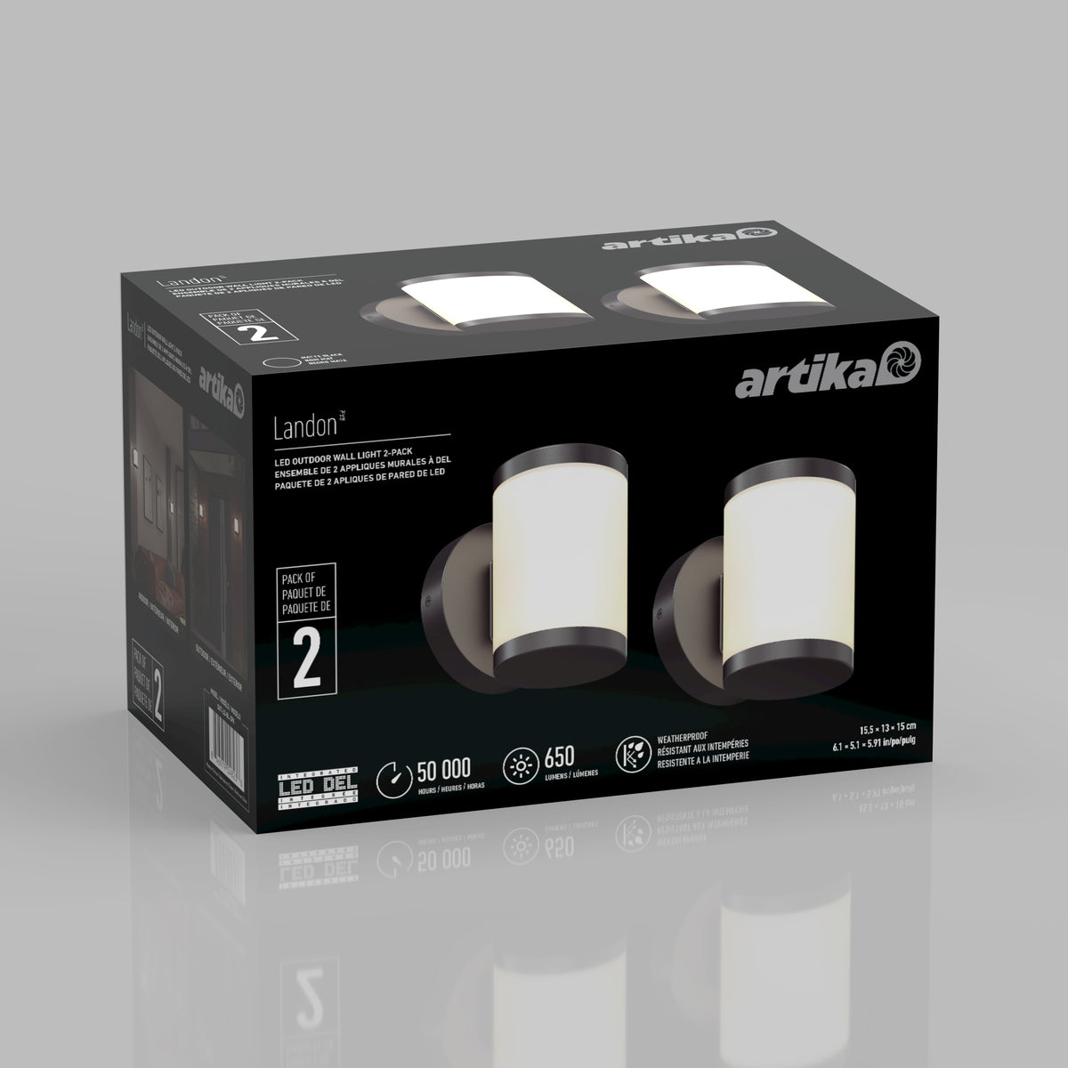 Artika Landon LED Outdoor Wall Light 2-Pack in black box, with product images and English/French specs.