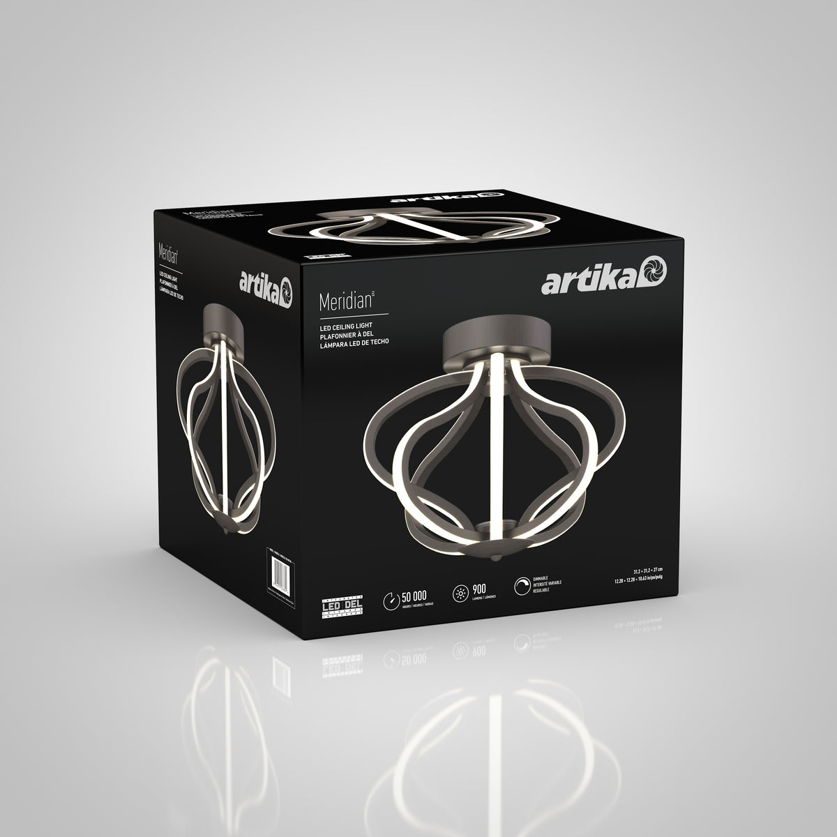 A black box showcases the Artika Meridian LED flush mount light, displaying a sleek, modern fixture with ribbon-like LEDs. The packaging highlights product details and specifications.