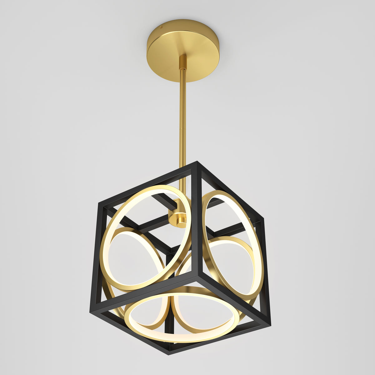 The Artika Astoria LED modern pendant light features a gold rod and ceiling mount, with a black cubical frame enclosing gold circular LED rings, all set against a plain white background.