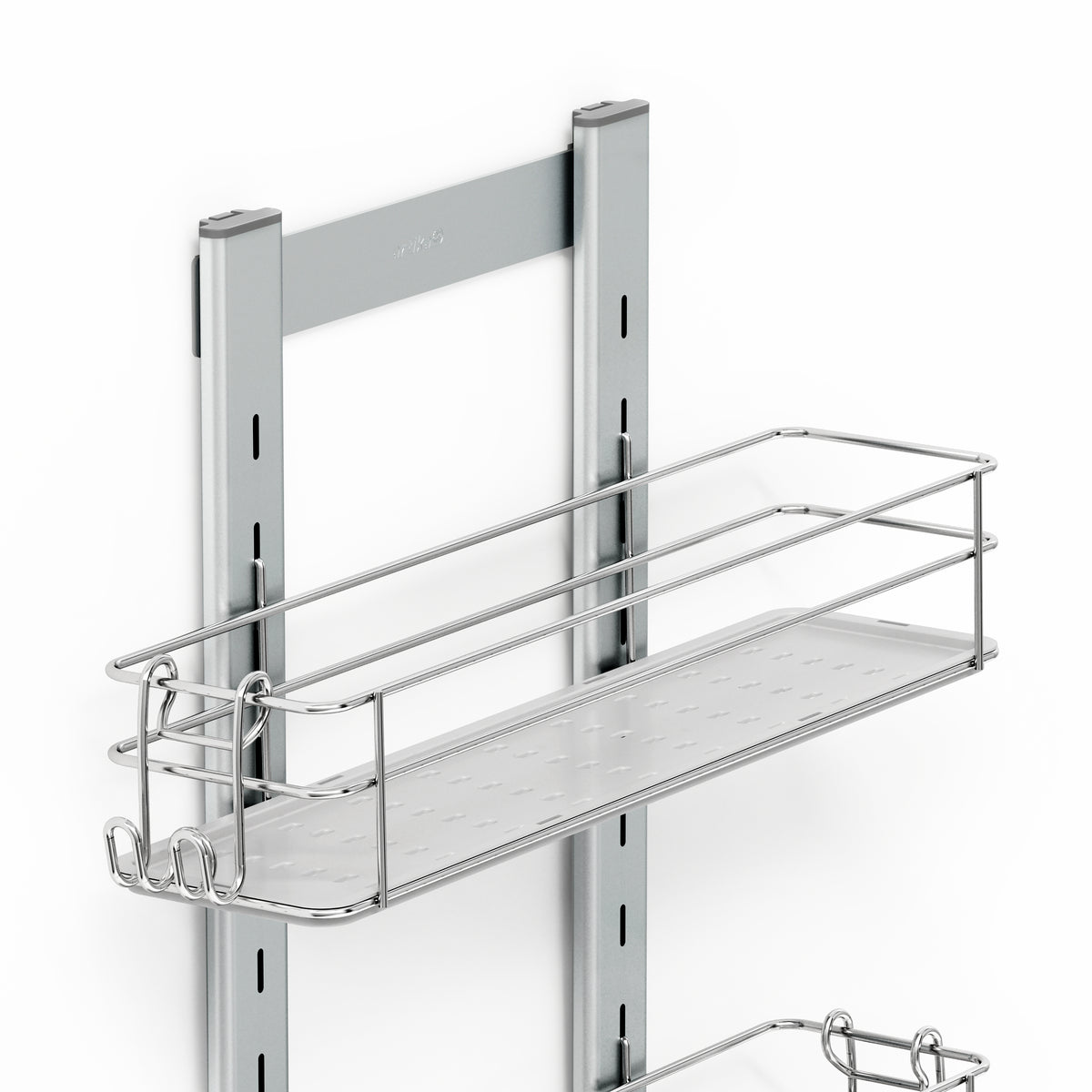 The Artika Camden Shower Caddy is a metal wall-mounted rack with a rectangular wire basket and hooks on two vertical rails, ideal for organizing items in kitchens or bathrooms. The product is shown against a white background.