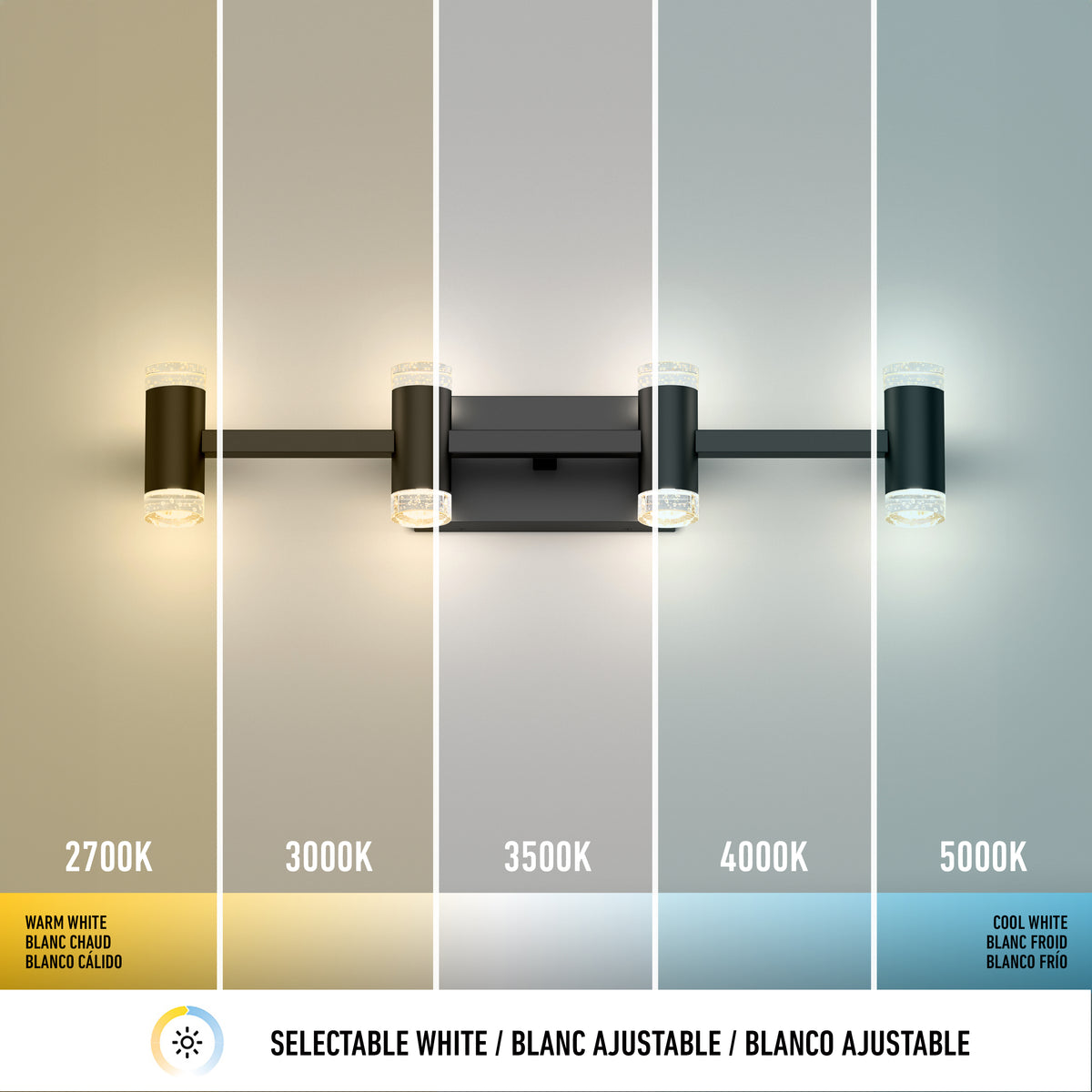 The Artika Mist modern LED bathroom vanity light 5 CCT offers five selectable white color temperatures—warm to cool—each shown with vertical lines, making it perfect for versatile bathroom lighting.