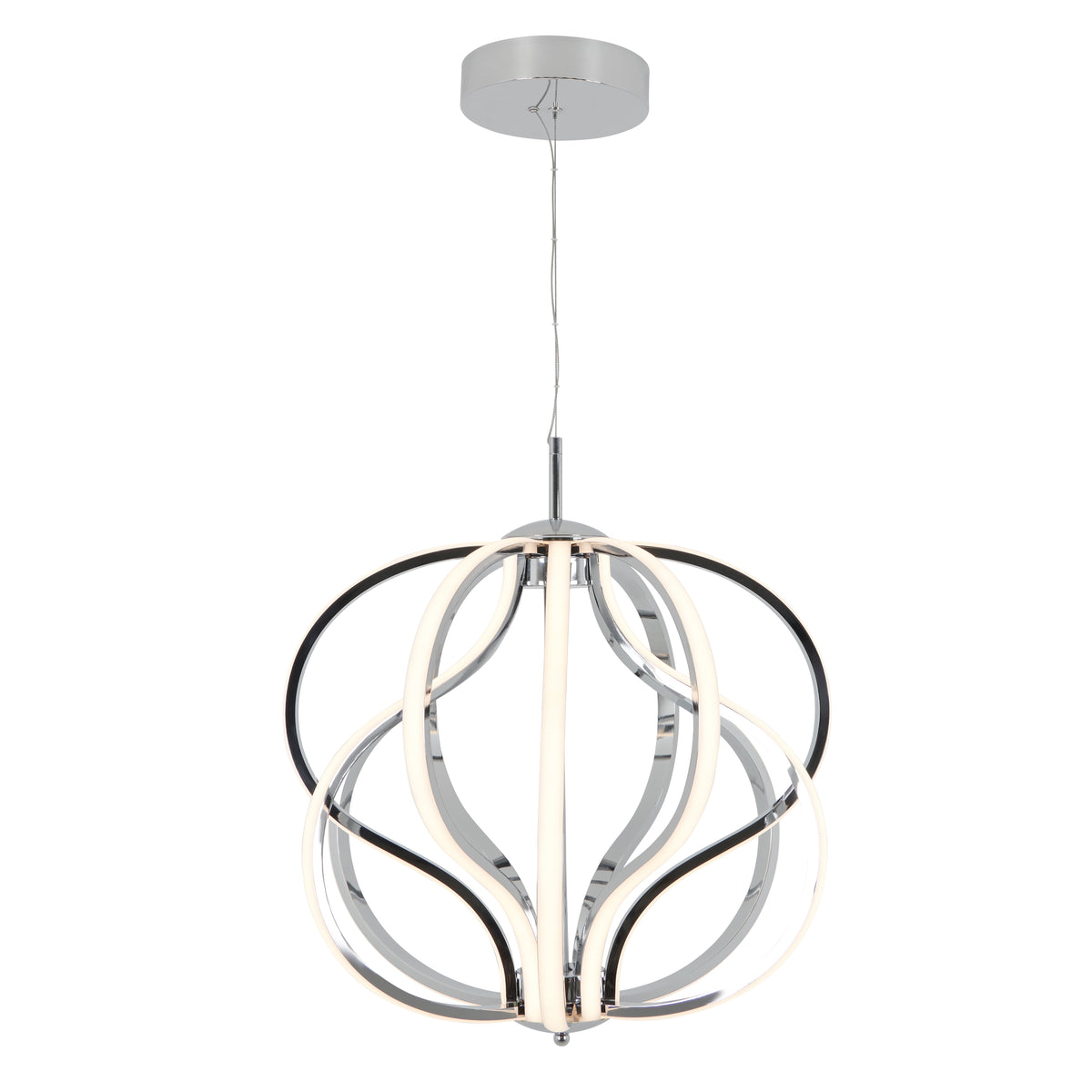 The Artika Meridian LED pendant light features intertwined curved LED strips in black, chrome, and white, suspended from a circular ceiling mount for a modern, contemporary look.