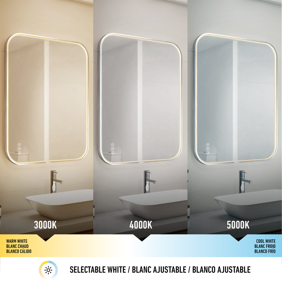The Artika Royce Dimmable LED Mirror, 3 CCT, is displayed at warm white (3000K), neutral white (4000K), and cool white (5000K) settings. Adjustable lighting options are labeled beneath the horizontally and vertically mounted mirrors.