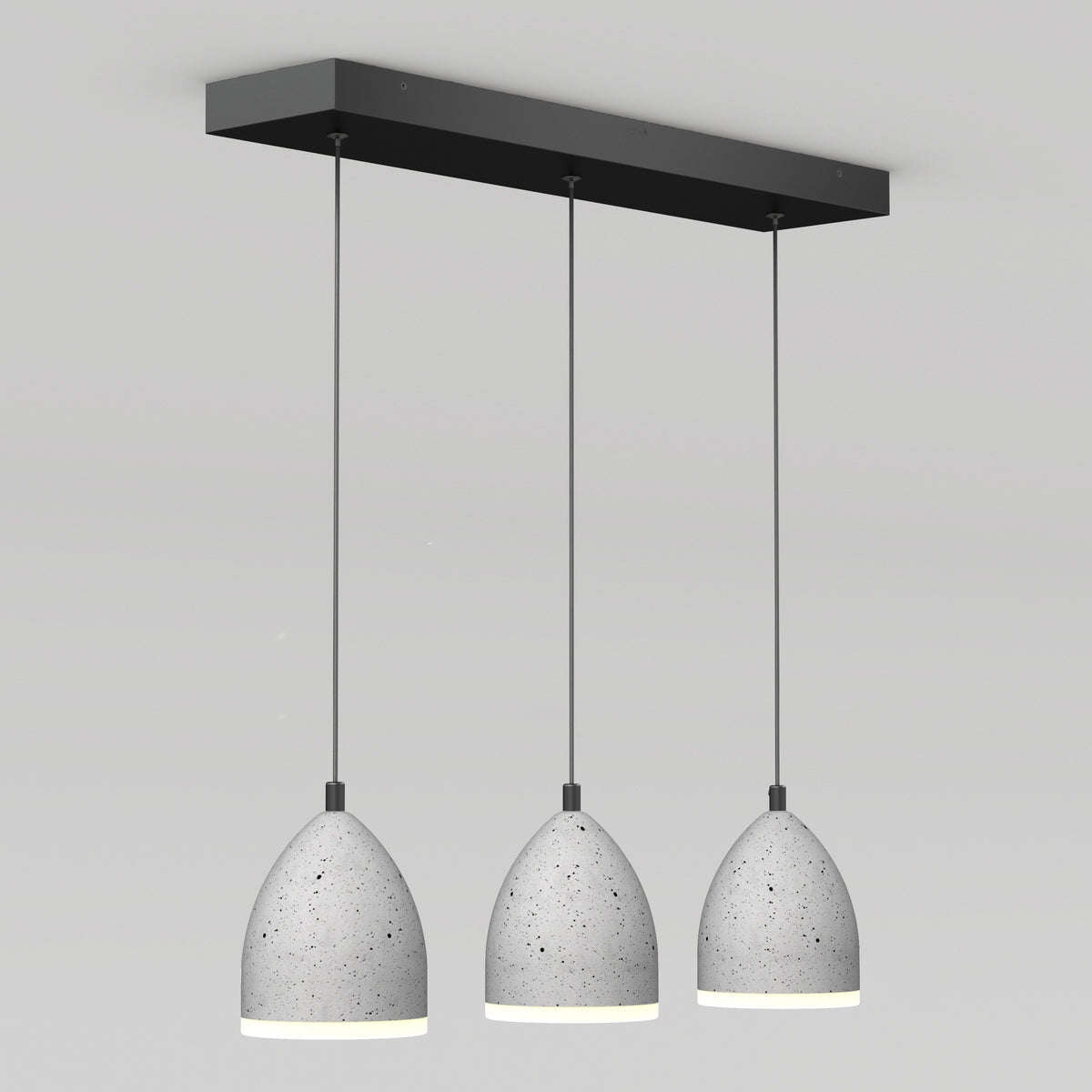 The Artika Bergen 3-light LED pendant features three modern gray concrete dome shades suspended in a row from a sleek black rectangular ceiling mount, shown against a plain white background.